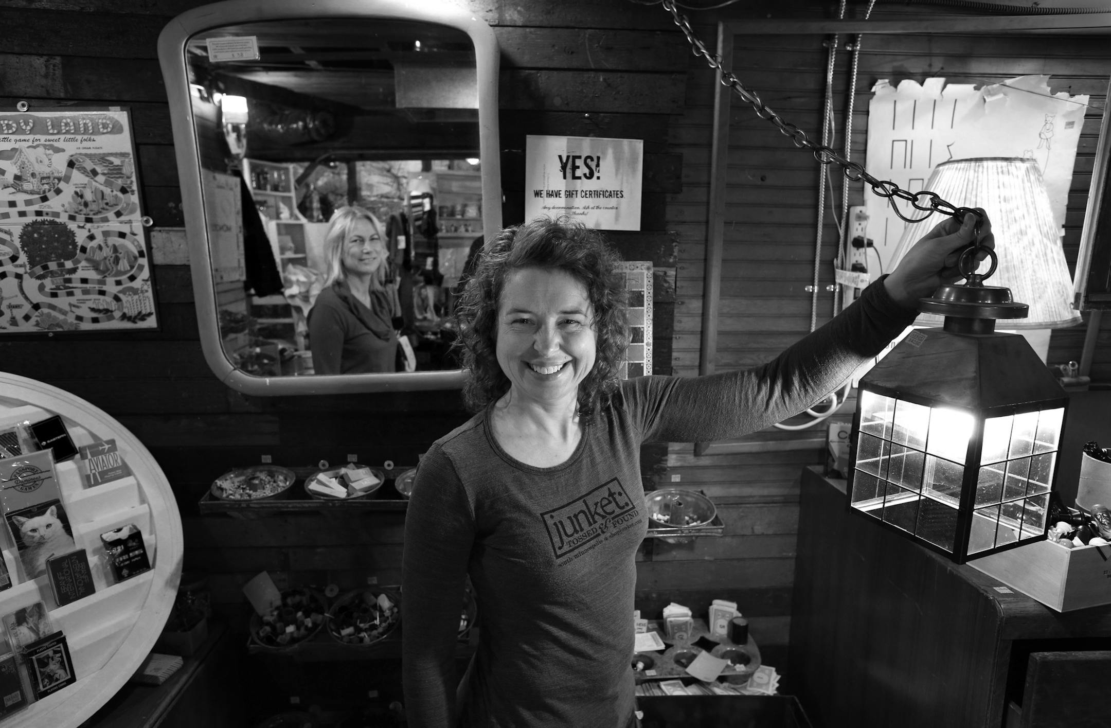 Julie Kearns, owner of Junket: Tossed & Found & Mary Hamel (in mirror), executive director of the 350-member Metropolitan Independent Business Alliance. ] BRIAN PETERSON ‚Ä¢ brian.peterson@startribune.com Minneapolis, MN 12/07/14