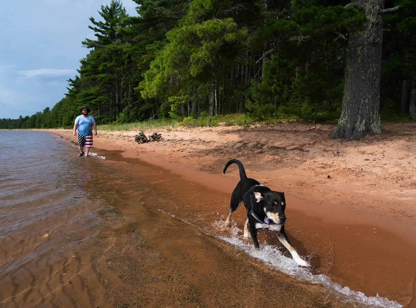 Ian Pringle and Lucy the dog play on the beach at Stockton Island's Presque Isle Bay. Pringle's family are member of the Owatonna Scuba Diving Club and have been visiting the Apostles for decades.