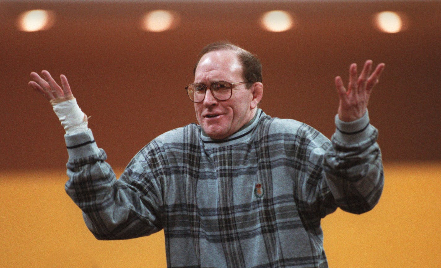 Dan Gable, Iowa wrestling coach during a Meet with Minnesota.