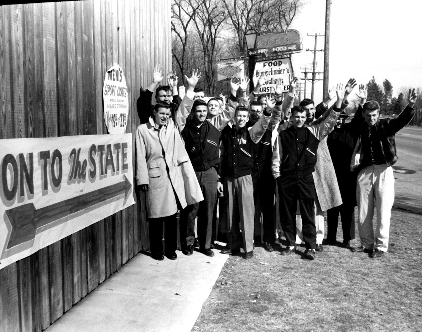 Members of the 1959 Wayzata Trojans basketball team waved goodbye before they departed -- at least some of them in the coach's car -- for downtown Minneapolis, where they stayed in the Curtis Hotel for the duration of the state basketball tournament.