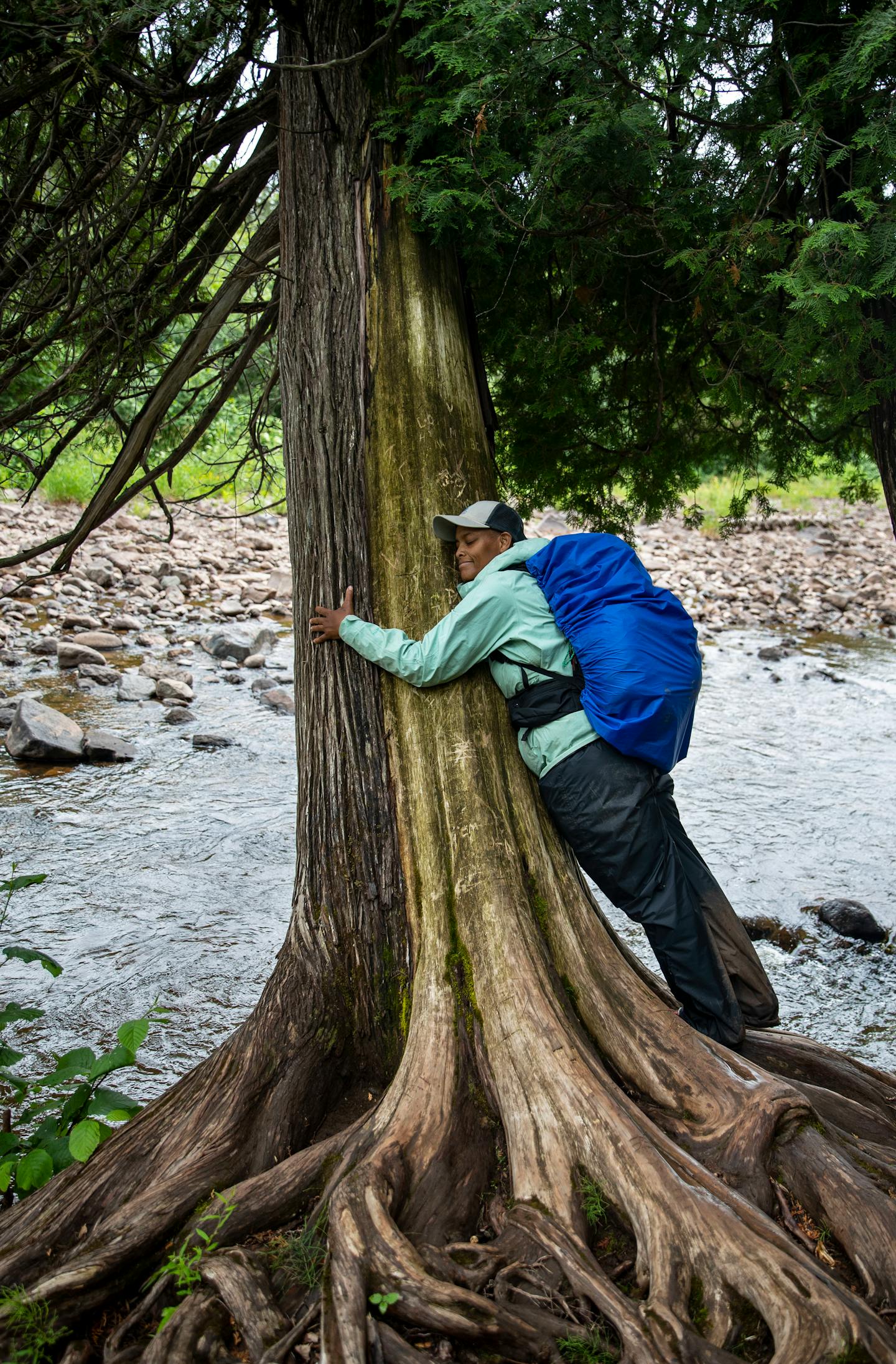 Crystal Gail Welcome paused to hug a large tree just off the Superior Hiking Trail between Castle Danger and Gooseberry Falls