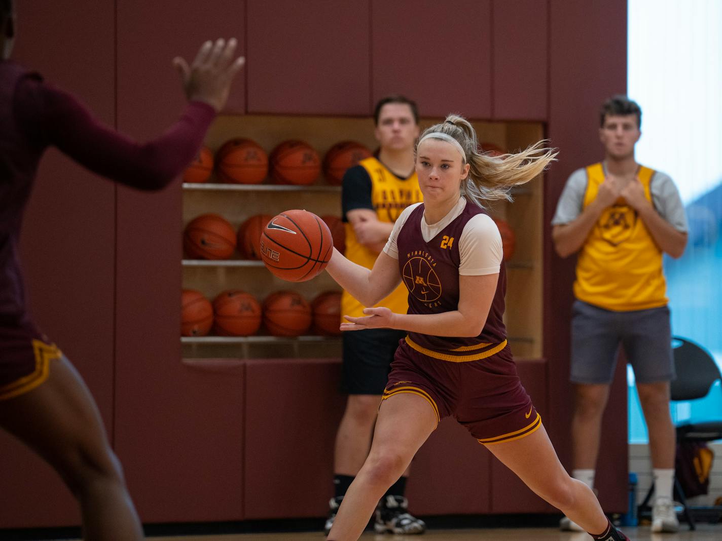 Mallory Heyer, shown during a preseason practice, had her first career double-double with 19 points and 10 rebounds Sunday.