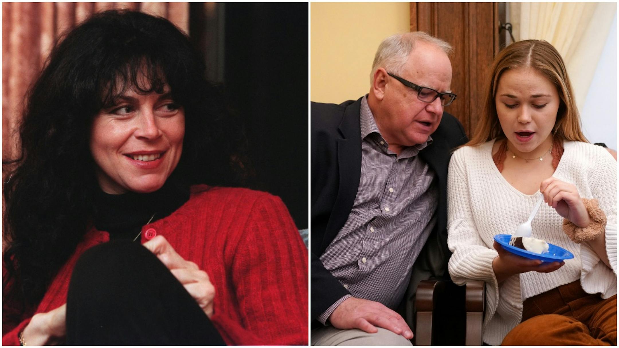 Former Minnesota First Lady Terry Ventura, left, wrote a card that was found by Hope Walz, daughter of Gov. Tim Walz (seen above talking with her father on her birthday).