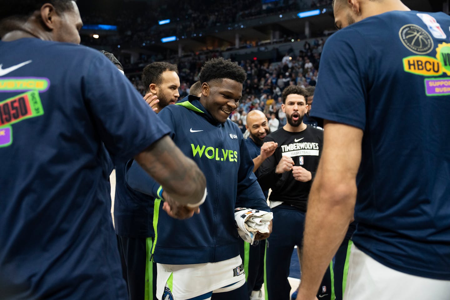 Minnesota Timberwolves guard Anthony Edwards (1) is surrounded by teammates after being introduced before the game. The Minnesota Timberwolves hosted the Washington Wizards at Target Center in Minneapolis, Minn., on Thursday, Feb. 16, 2023. ] RENEE JONES SCHNEIDER • renee.jones@startribune.com