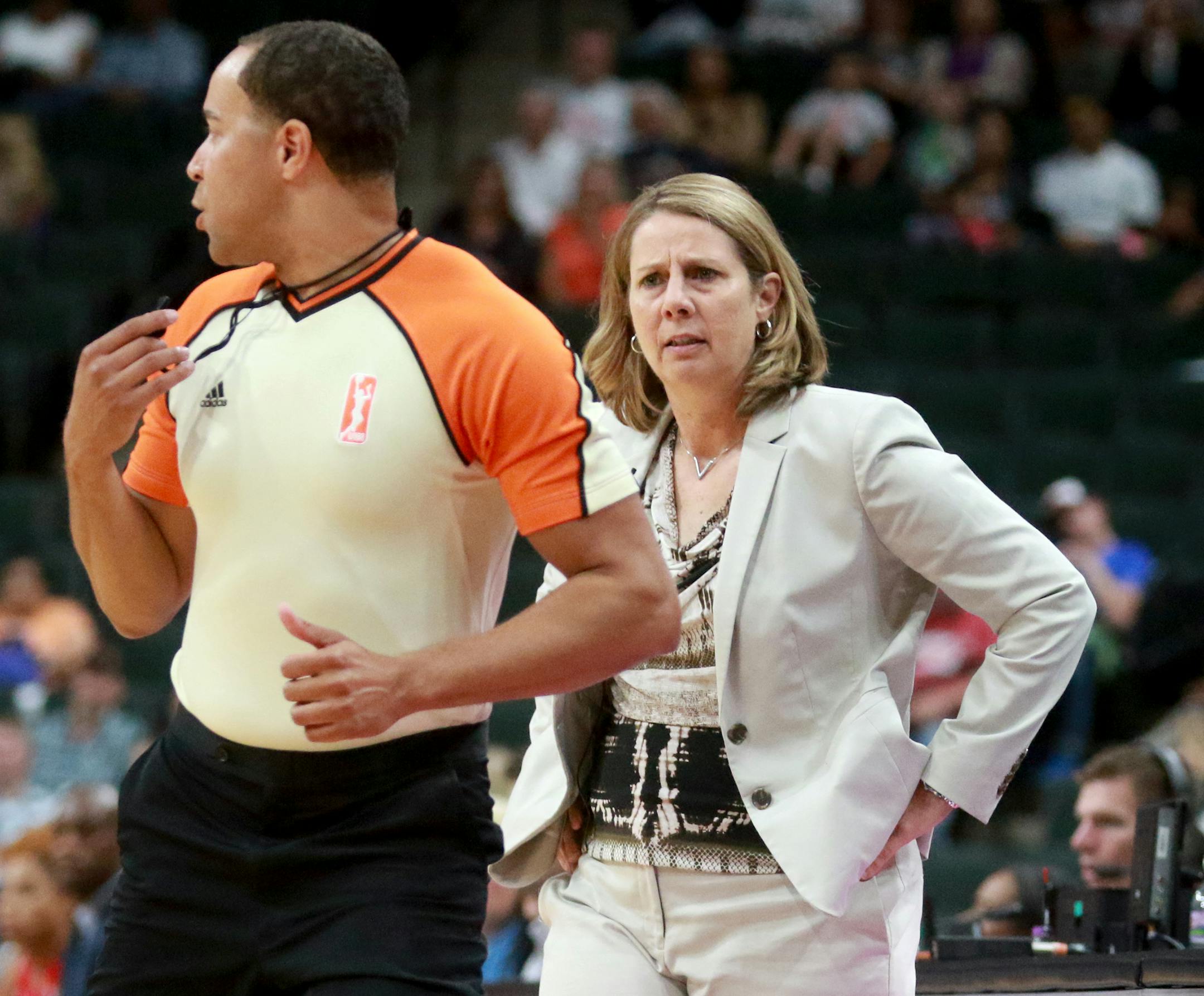 Lynx head coach Cheryl Reeve is not happy with a ref during the second quarter of the Lynx game with the Washington Mystics in June