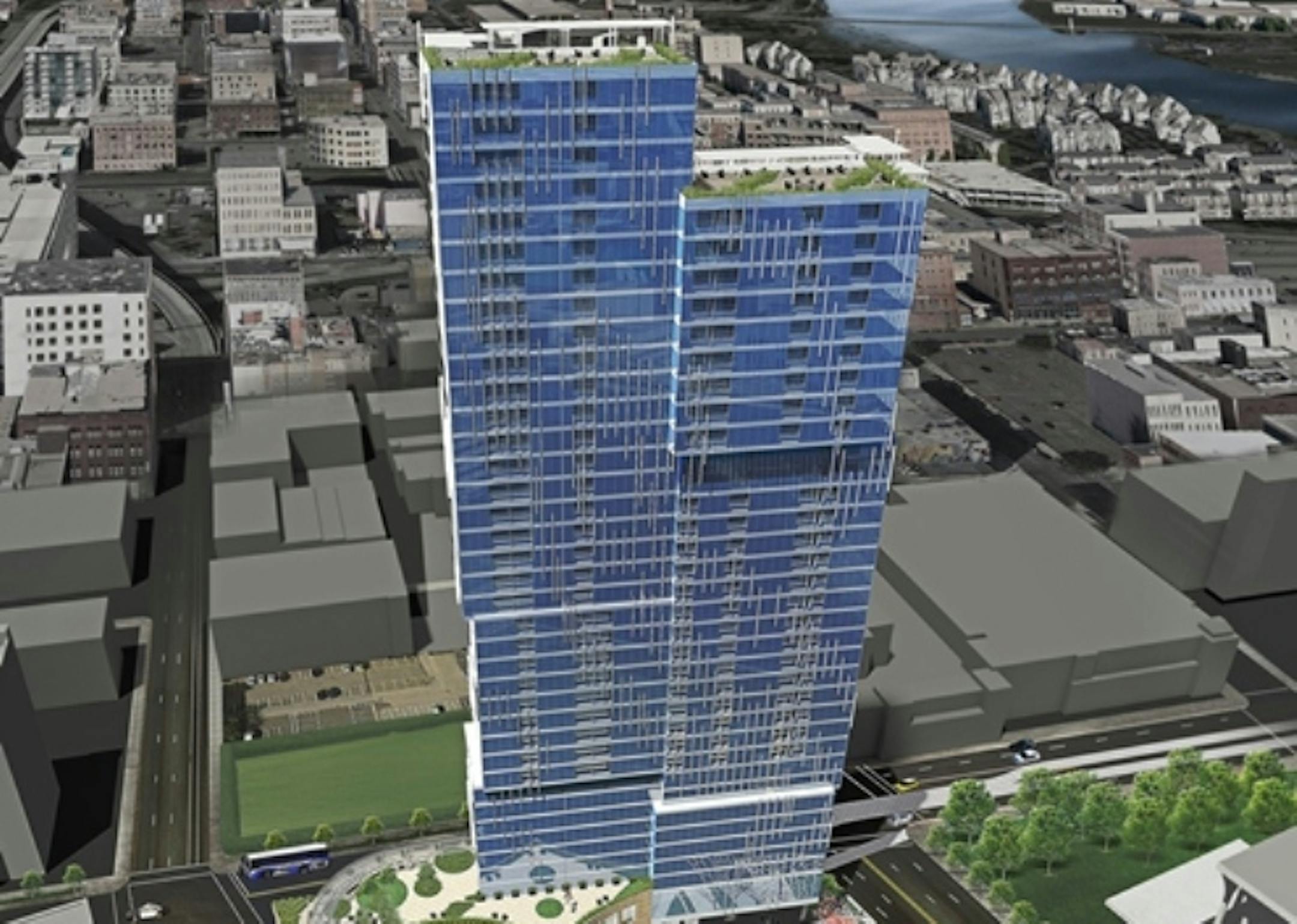City of Minneapolis planning staffers recommended that city officials approve the sale of the Nicollet Hotel Block to United Properties, the real estate company of the Pohlad family that plans to build this 36-story tower complex on the site. This rendering, provided Friday, faces northwest with Nicollet Ave. in front of the plaza, 3rd St. to the left of the complex and Washington Av. on the right.