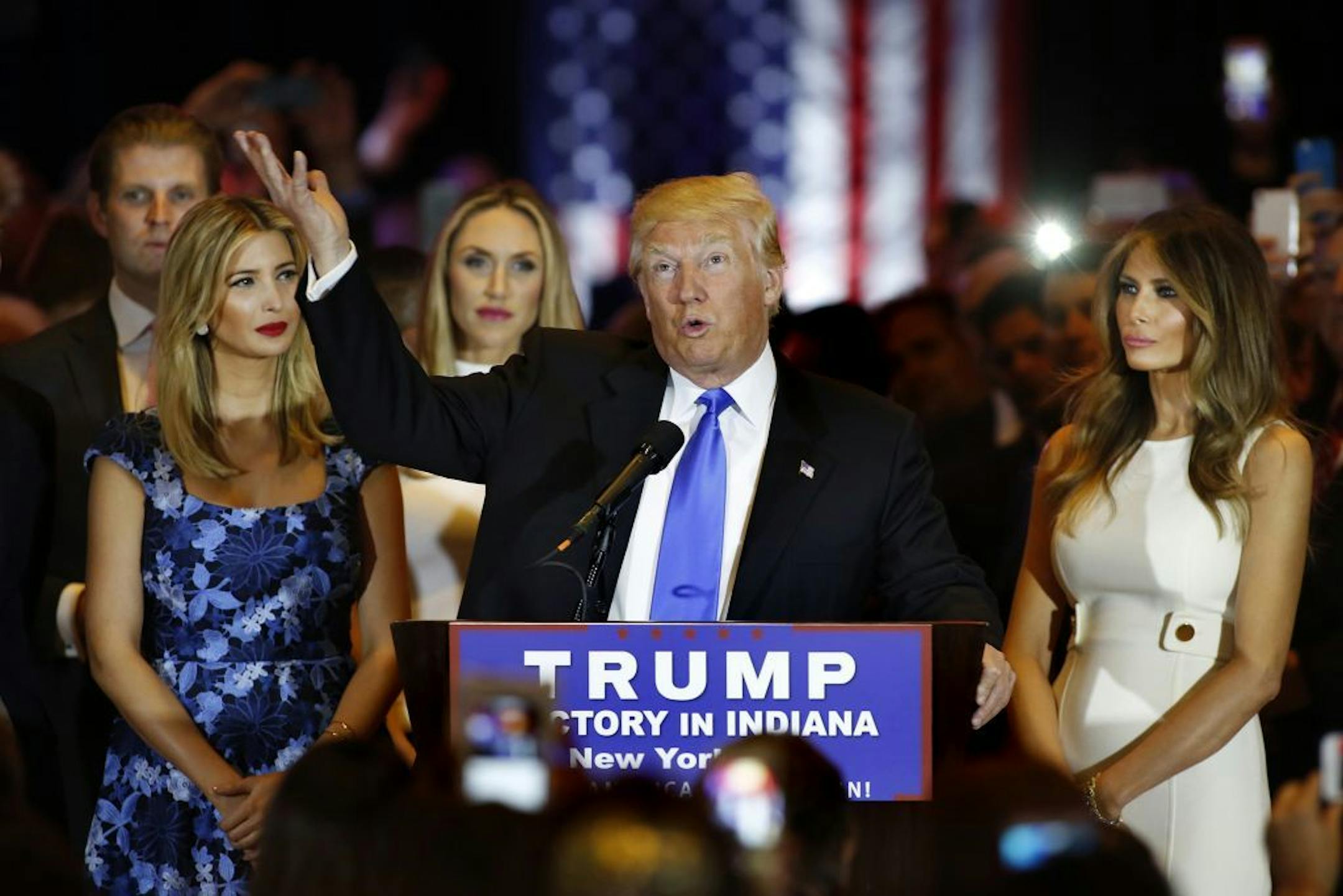 Republican presidential candidate Donald Trump addresses the media and a few supporters after winning the Indiana primary, on Tuesday, May 3, 2016, in New York.
