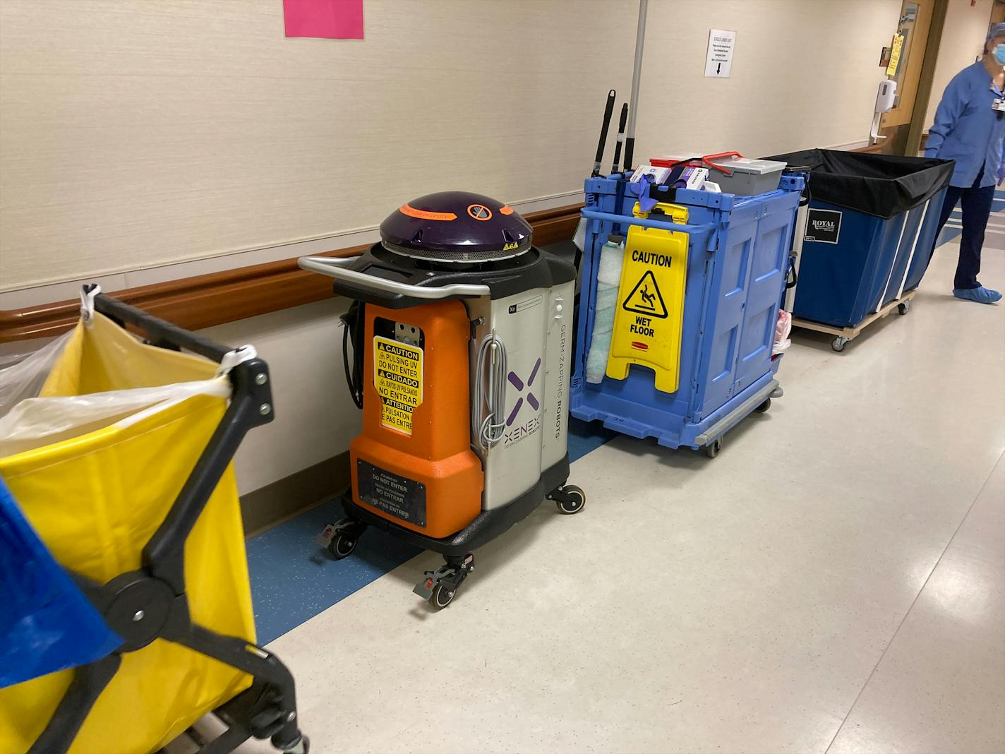 A UV cleaning robot is one of the tools Twin Cities hospitals are using to prevent patients who come to the emergency department from being infected with Covid-19. Photo by Joe Carlson.