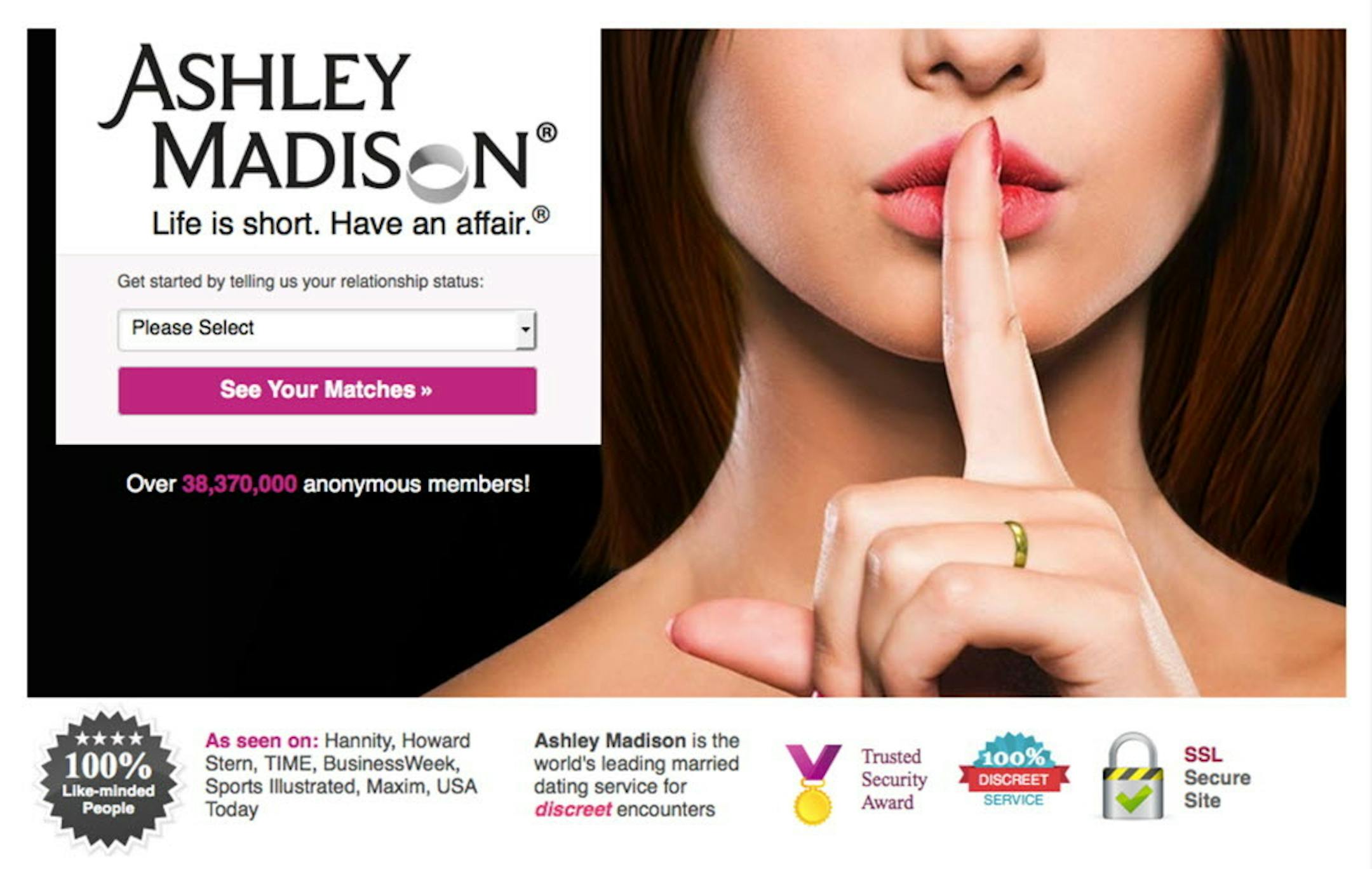 A screen shot shows the Ashley Madison website.