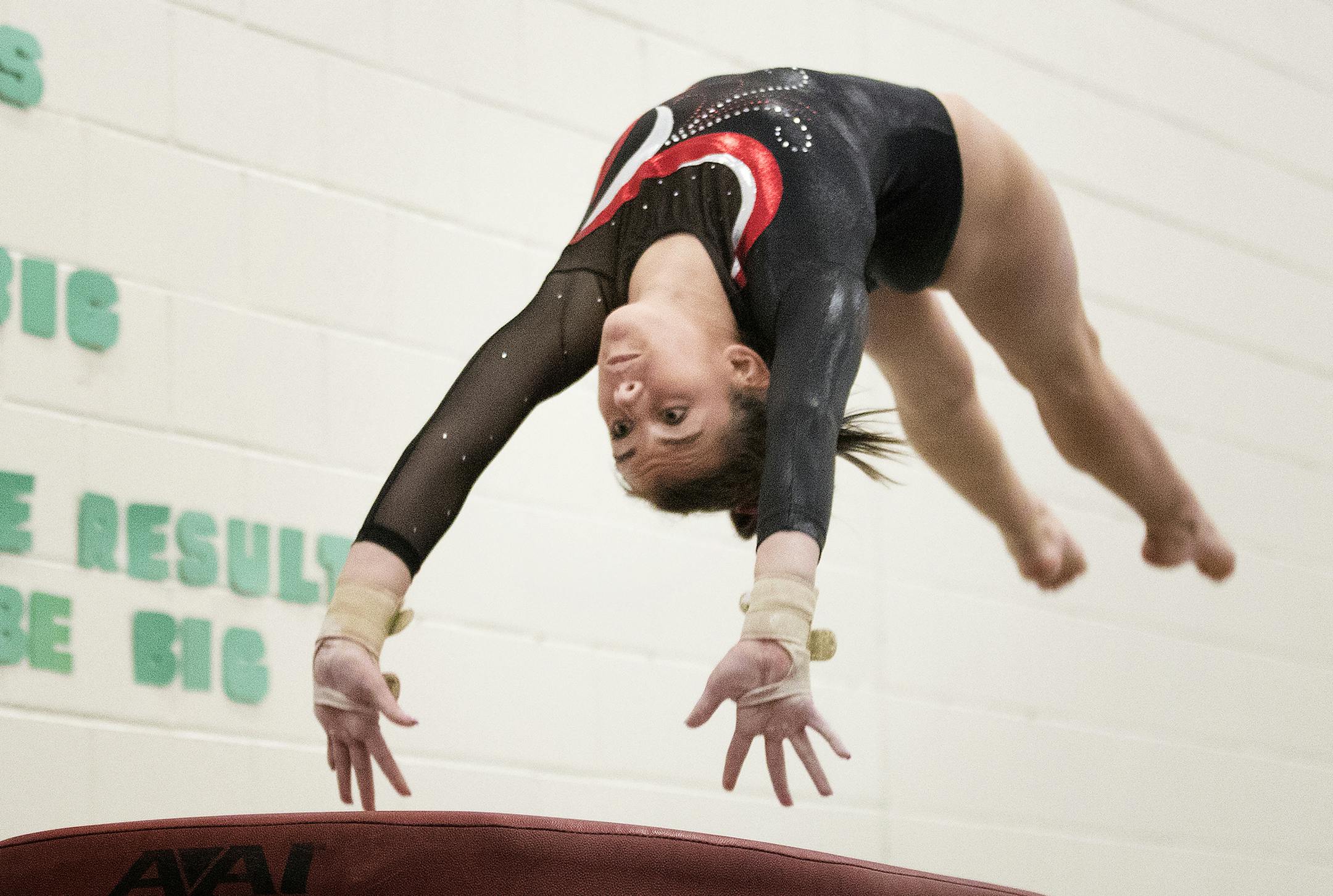 Delaney Gipp of Lakeville North competing on the horse. ] CARLOS GONZALEZ cgonzalez@startribune.com - January 17, 2017, Eagan, MN, Class 2A, No. 1-ranked Lakeville North gymnastics team, Lakeville North's gymnastics team will be competing at Eagan High School