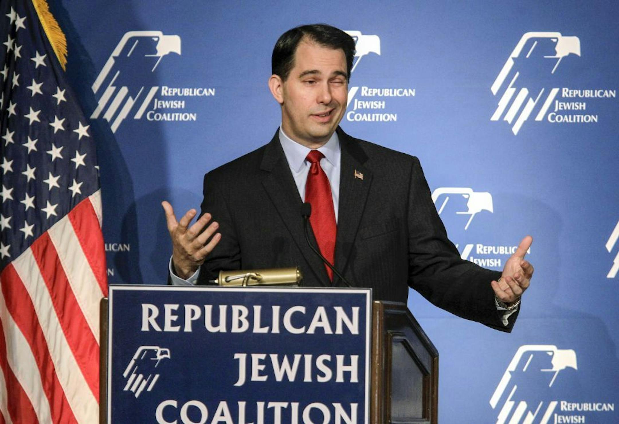 Gov. Scott Walker of Wisconsin addresses a meeting of the Republican Jewish Coalition in Las Vegas, March 29, 2014. Speakers at the event criticized the White House as soft on foreign policy but also lambasted what they perceived as a rising neo-isolationist sentiment in their own party, a sign of mounting anxieties over the presidential prospects of Sen. Rand Paul (R-Ky.)