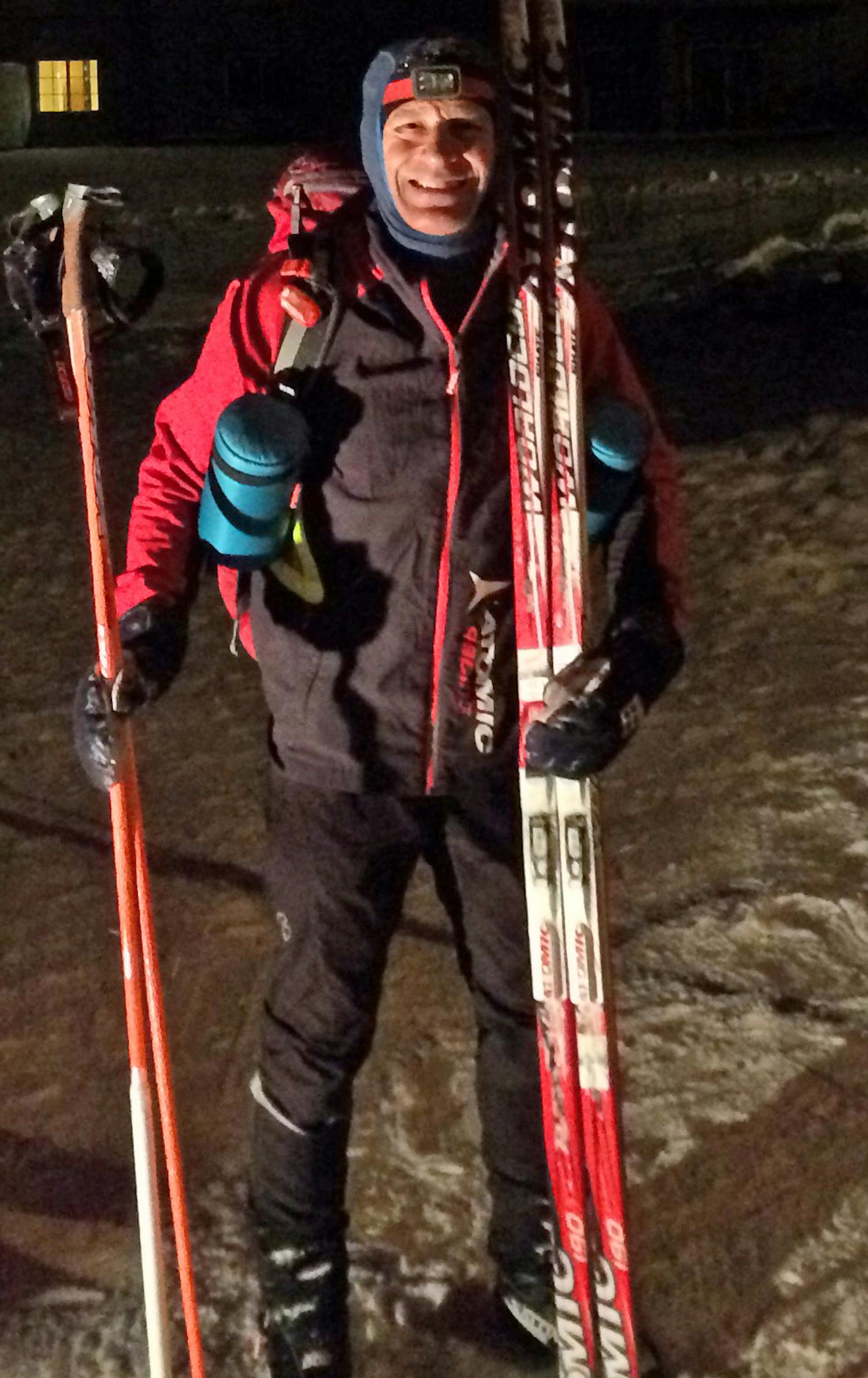 ULTRA012816 Budget ID 603235 Mike Brumbaugh of Roseville broke a course record for skiing the grueling Arrowhead 135-mile ultramarathon even after breaking a ski pole 20 miles into the race. He skied with one pole for 16 miles and then fashioned a new pole with a PVC pipe to ski the remaining 99 miles, crossing the finish line in 22 hours. credit: Russ Loucks