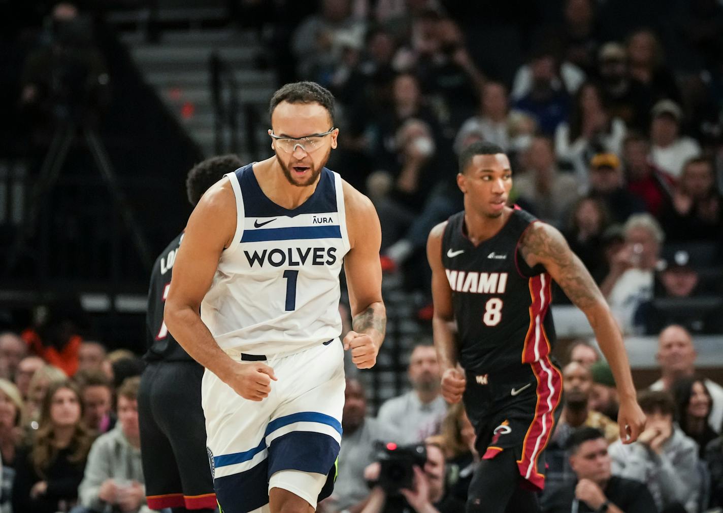 Minnesota Timberwolves forward Kyle Anderson (1) celebrates scroing in the second half. The Minnesota Timberwolves defeated the Miami Heat 106-90 at the Target Center on Saturday, Oct. 28, 2023 in Minneapolis, Minn. ] RENEE JONES SCHNEIDER • renee.jones@startribune.com