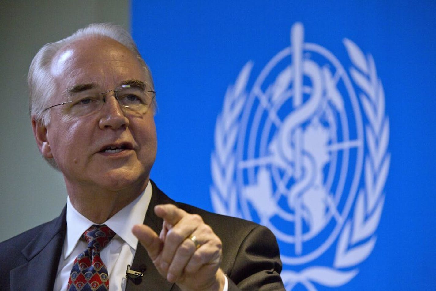 U.S. Health and Human Services Secretary Tom Price speaks during an event titled "The Next Pandemic" at the World Health Organization office in Beijing Monday, Aug. 21, 2017. Price says China has been an "incredible partner" in cracking down on synthetic opioids seen as fueling fast-rising overdose deaths in the United States.