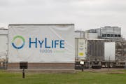 HyLife Foods employees makes their way to the second shift at the pork processing plant in Windom, Minn., on April 19, 2023.