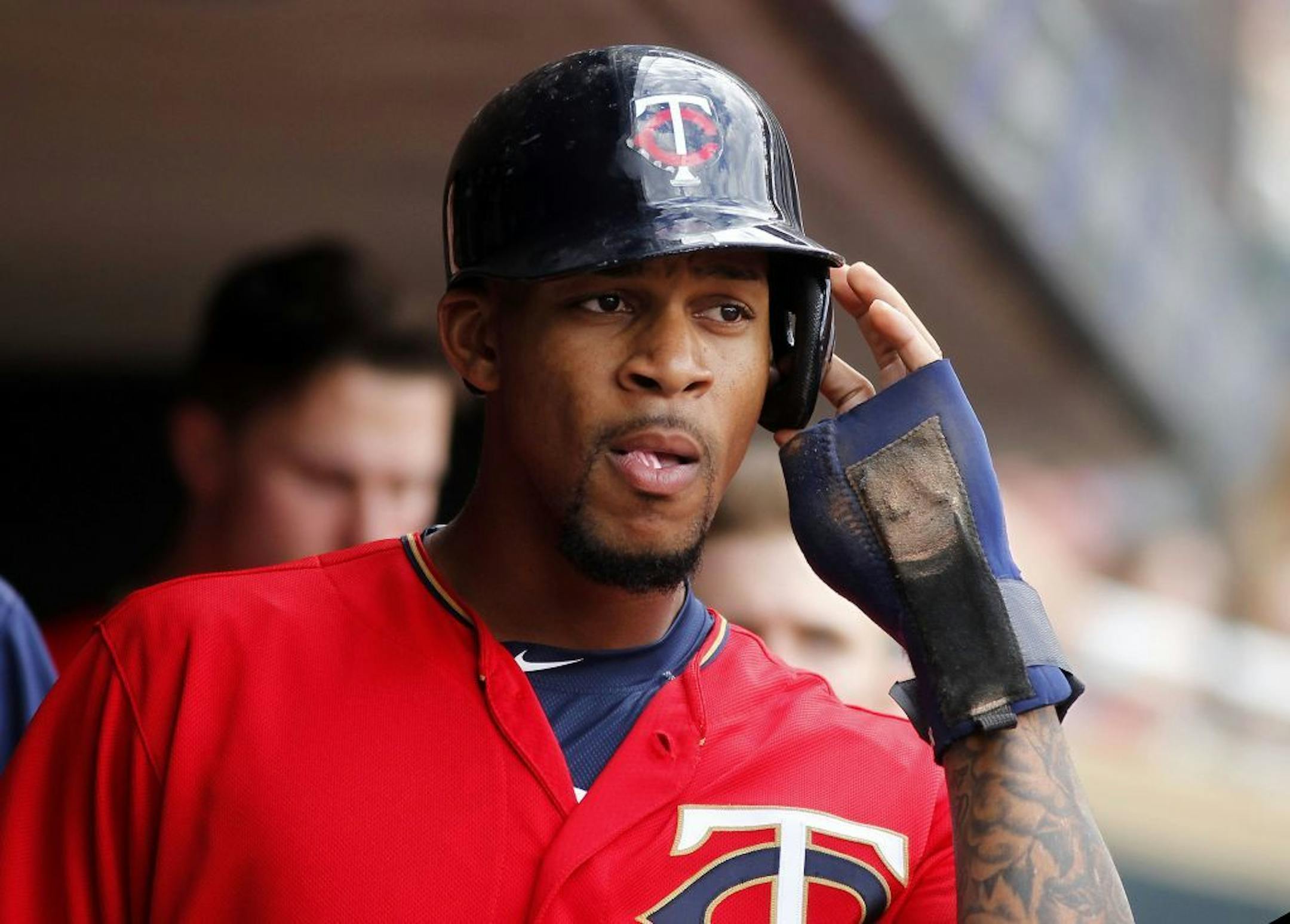 Minnesota Twins center fielder Byron Buxton bats in the seventh inning of a baseball game against the Los Angeles Angels on Sunday, April, 17, 2016 in Minneapolis.