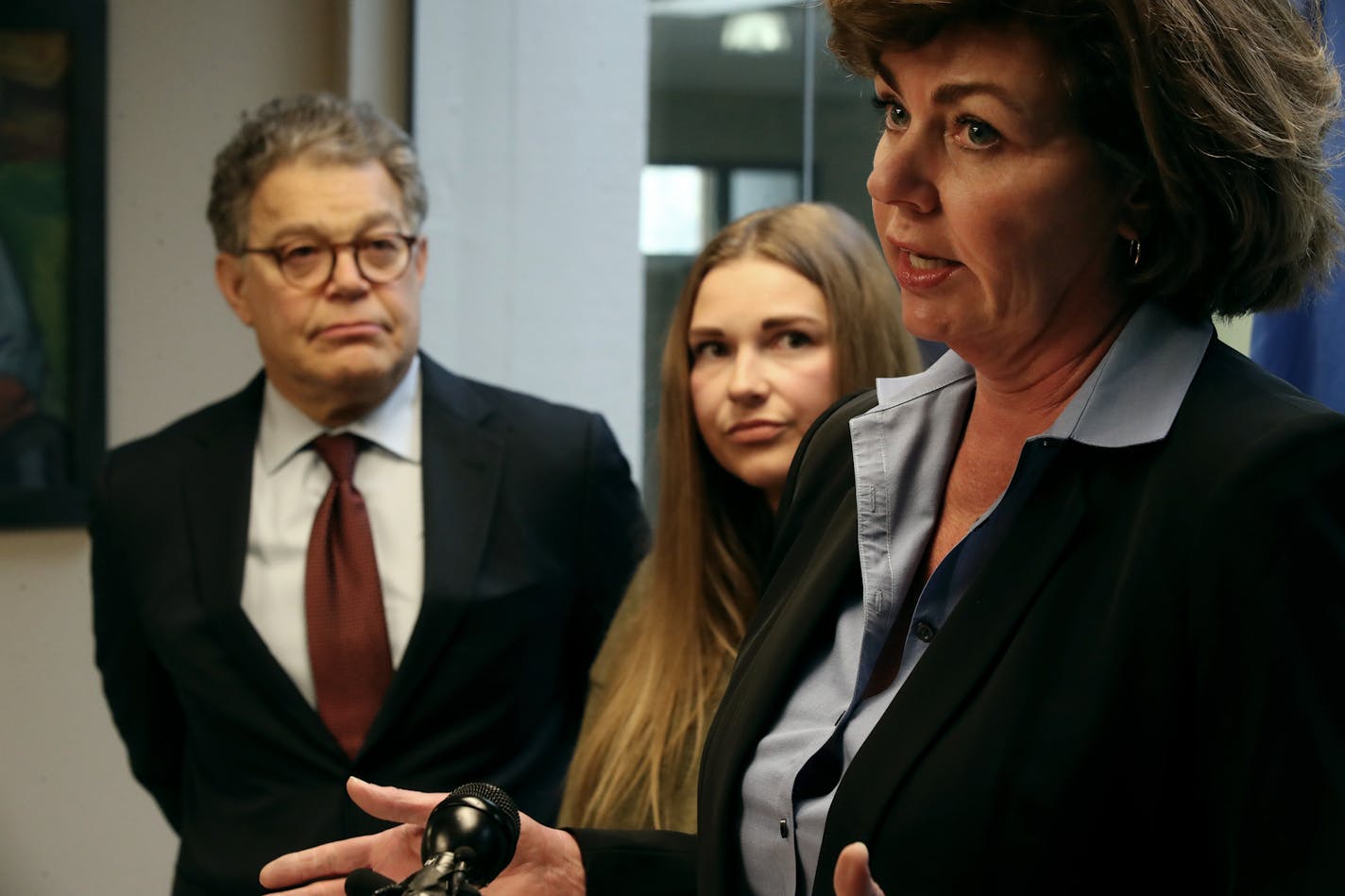 In October, Sen. Al Franken left, and Abby Honold listened on as Beth Roberts, a retired police officer, discussed legislation aimed toward better training of officers who investigate sexual assault.