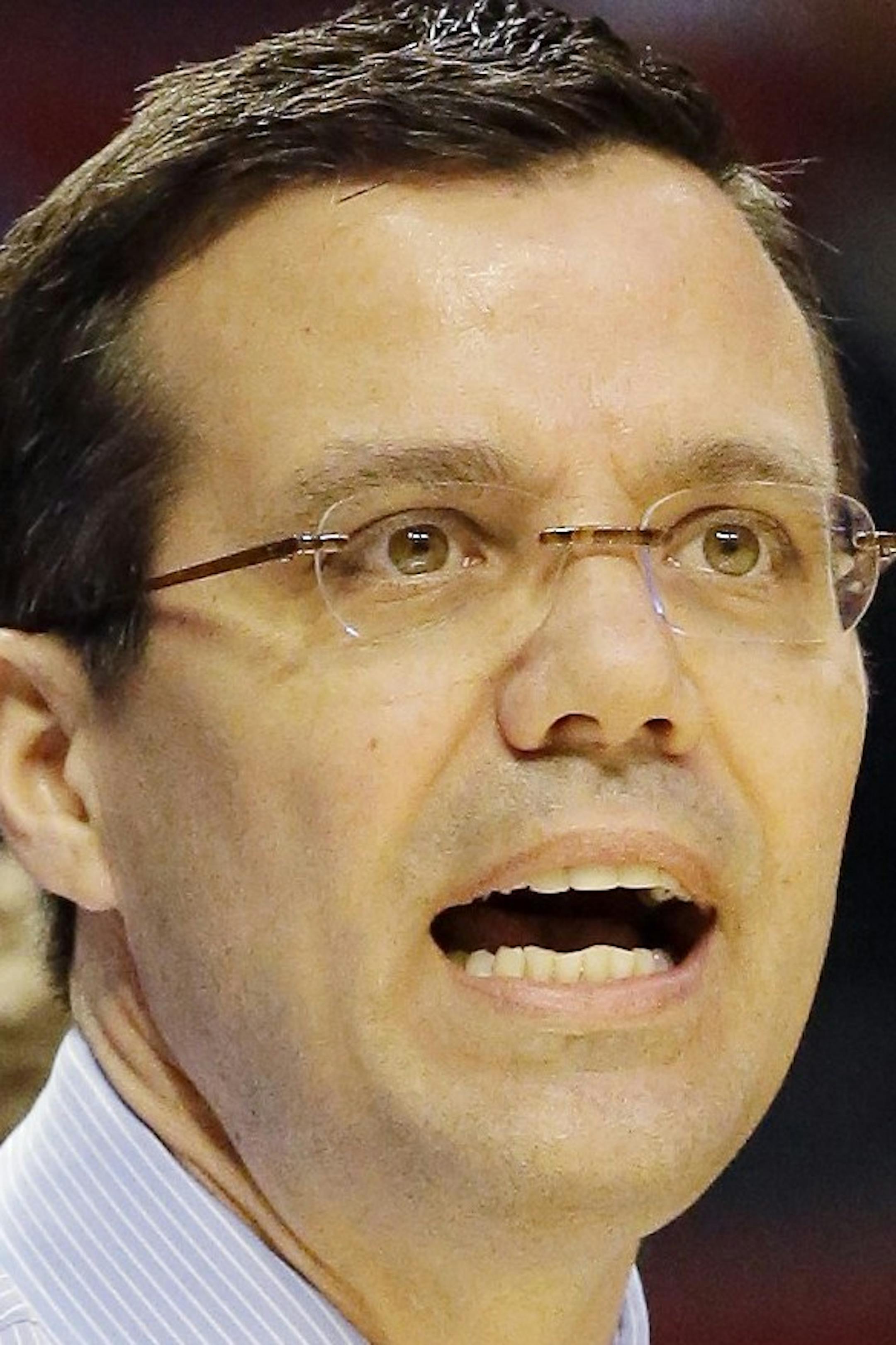 Nebraska head coach Tim Miles during the first half of an NCAA college basketball game at the Big Ten tournament against Purdue Thursday, March 14, 2013, in Chicago. (AP Photo/Nam Y. Huh) ORG XMIT: NYOTK