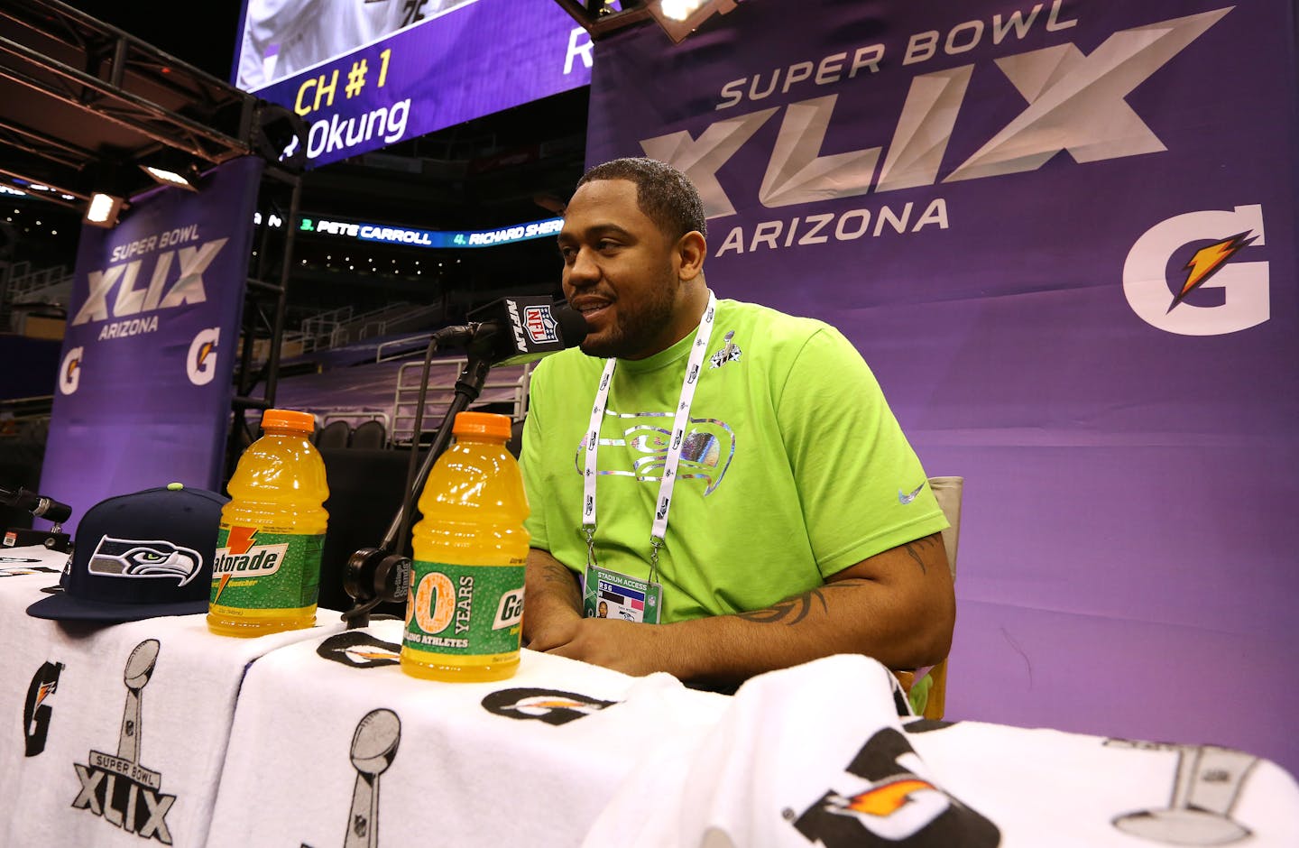 Seattle Seahawks defensive tackle Kevin Williams answers questions during the NFL Super Bowl media day, Tuesday, Jan. 27, 2015 in Phoenix. (AP Photo/Doug Benc) ORG XMIT: NYOTK