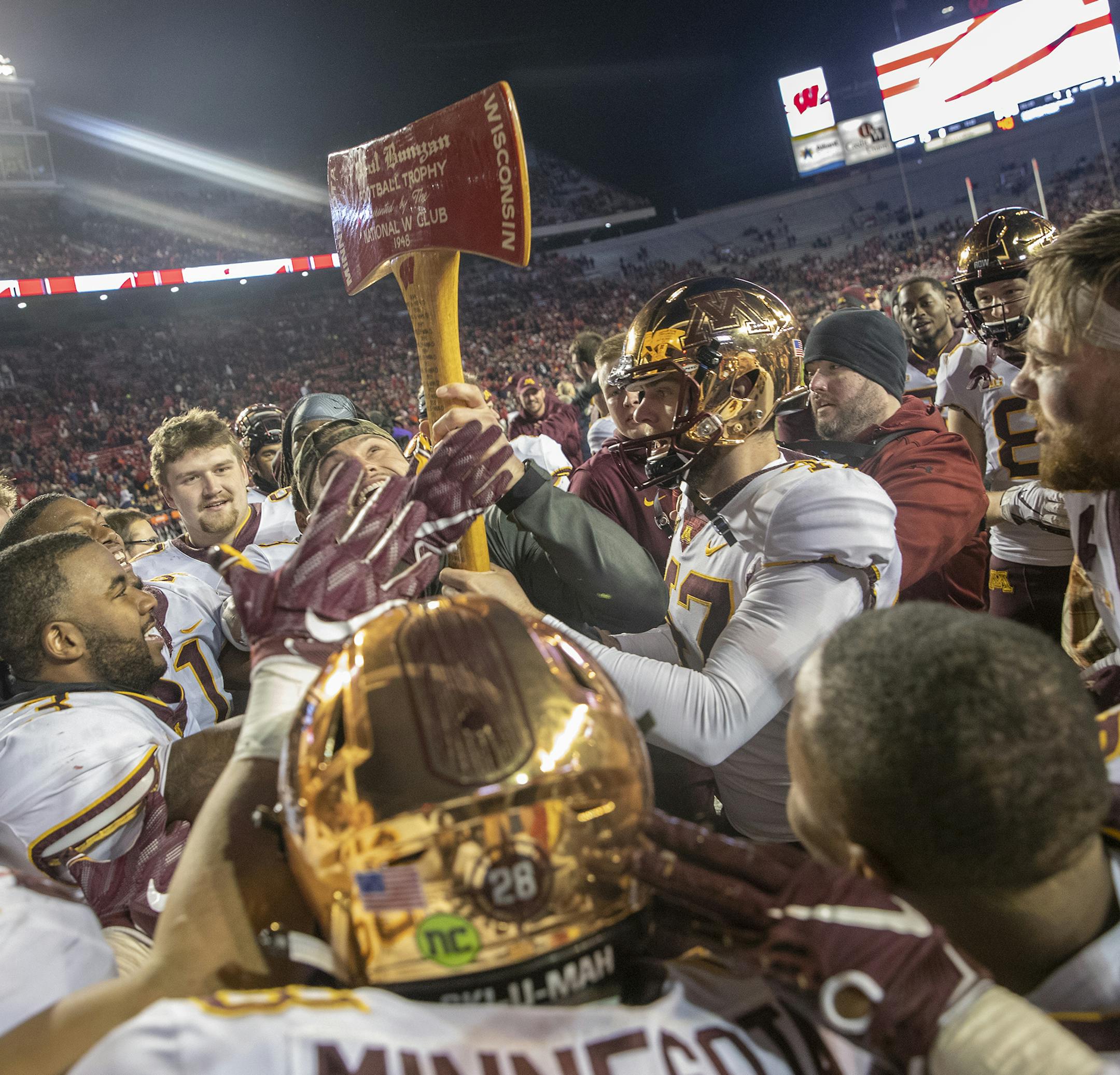 After 15 years Minnesota took back the Paul Bunyan Axe after they defeated Wisconsin 37-15 at Camp Randall Stadium, Saturday, November 24, 2018 in Madison, Wis. It's the 128th meeting between the two teams. ] ELIZABETH FLORES &#x2022; liz.flores@startribune.com