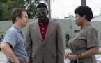 This image released by STXfilms shows, from left, Sam Rockwell, Babou Ceesay and Taraji P. Henson in a scene from "The Best of Enemies." (Annette Brow