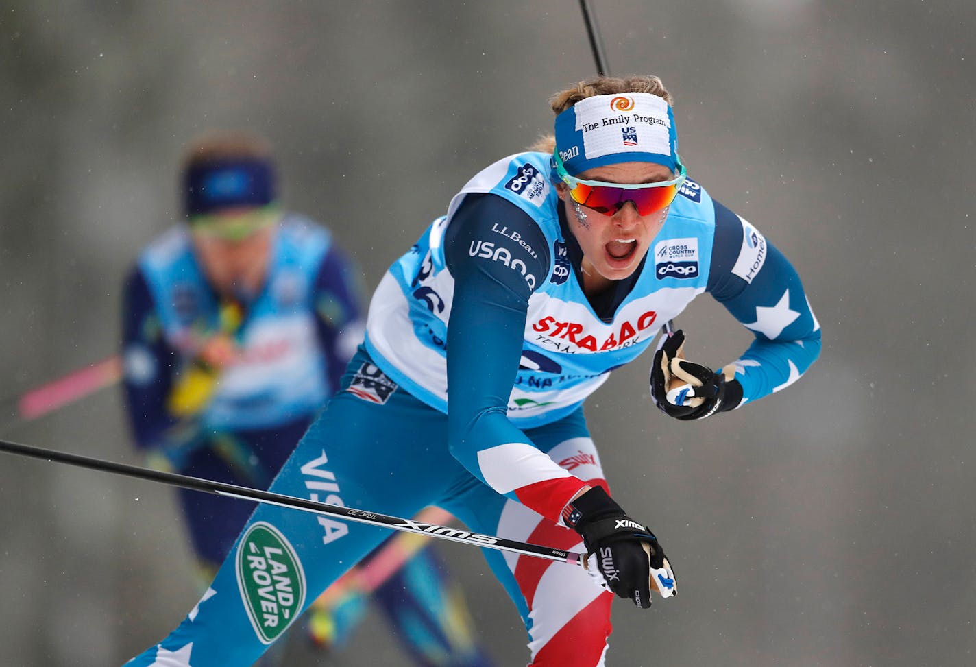 Jessica Diggins of the US competes during the women's cross country freestyle 10 km Interval World Cup event in Nove Mesto na Morave, Czech Republic, Saturday, Jan. 18, 2020.