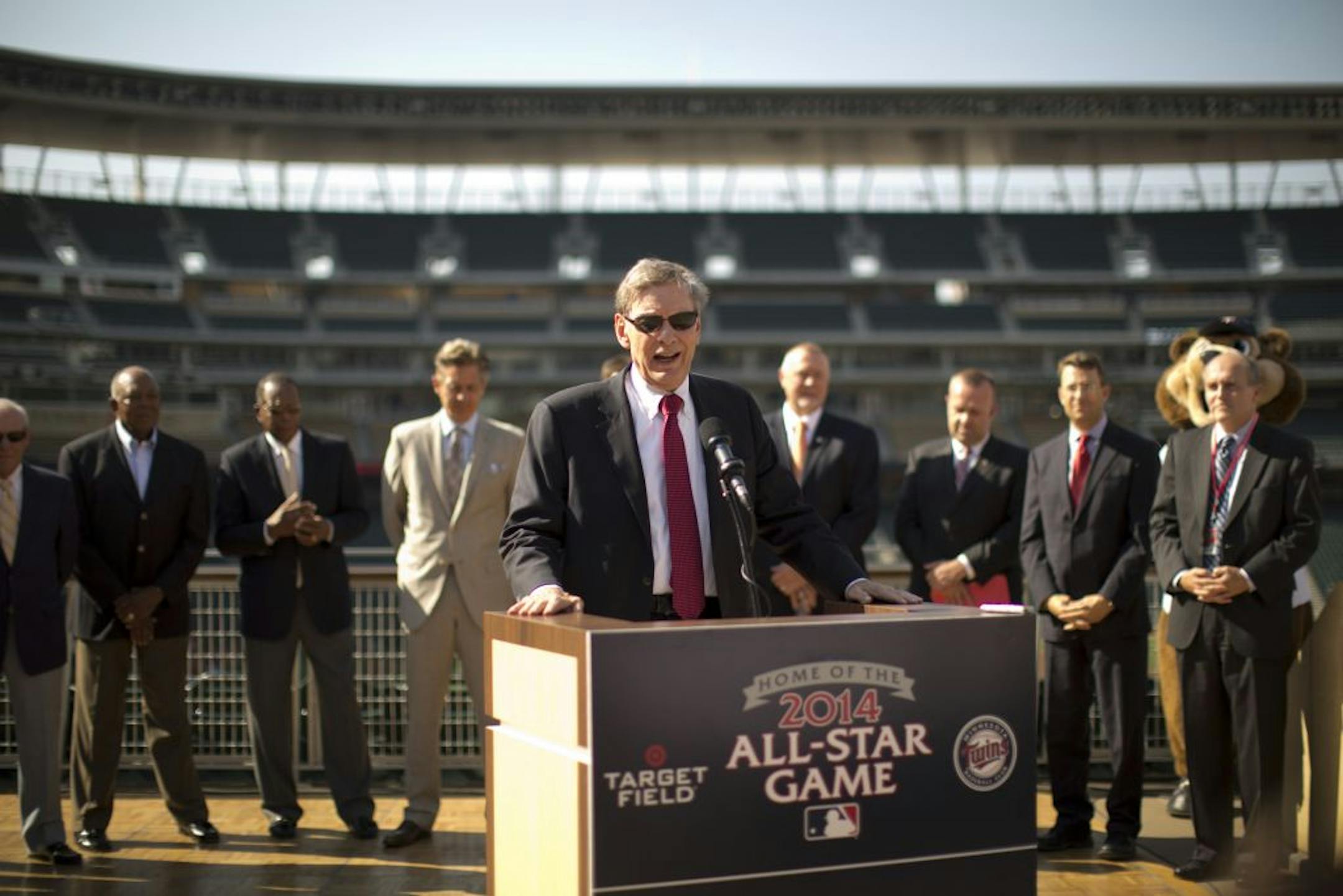 The Minnesota Twins and Major League Baseball held a news conference Wednesday afternoon, August 29, 2012 to announce that the 2014 All-Star game will be played at Target Field in Minneapolis, MInn. MLB Commissioner Bud Selig announced that the Twins would host the 85th All-Star Game in @\2014 at Target Field.
