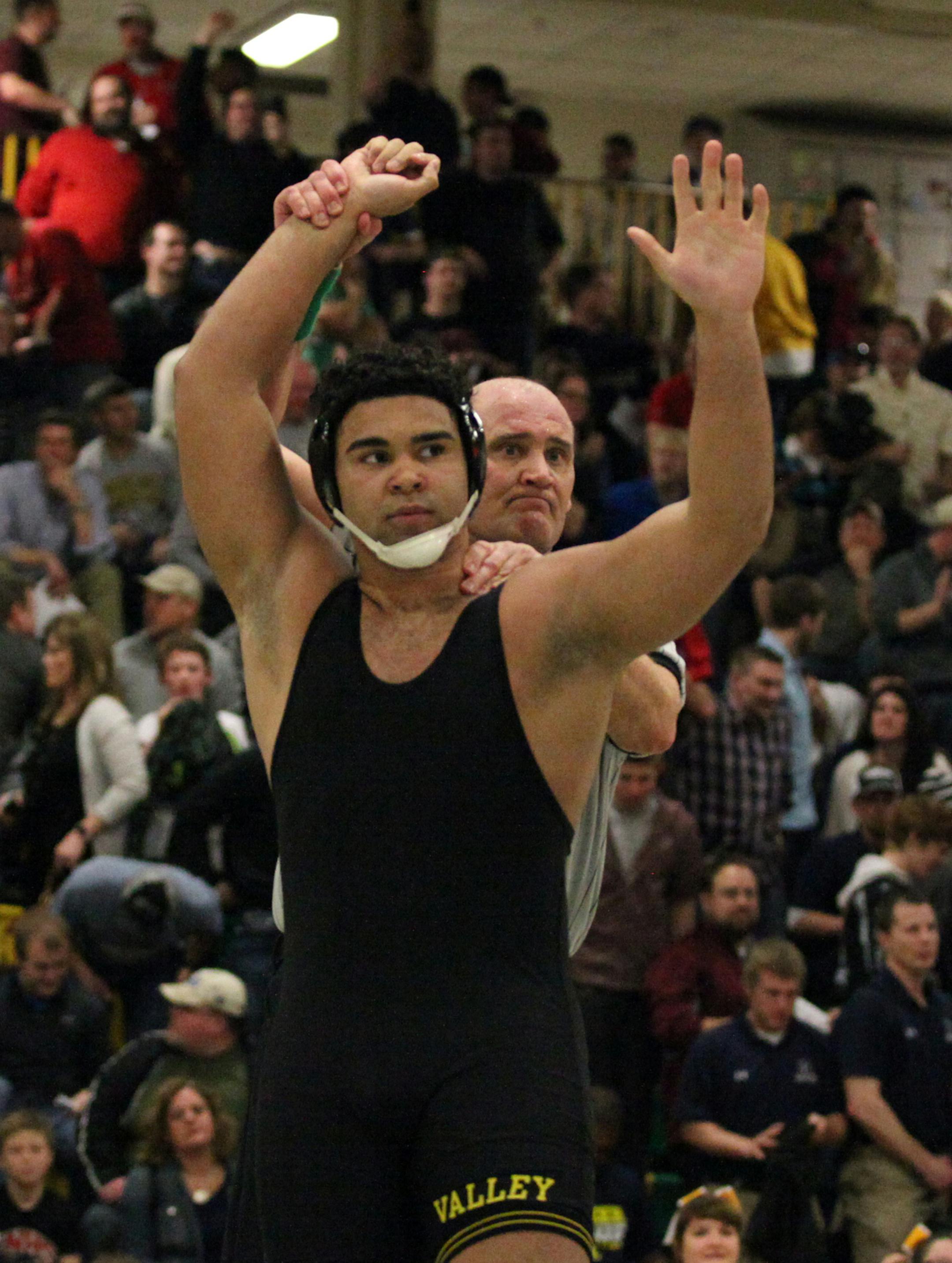 Apple Valley Eagles Gable Steveson wins. ] XAVIER WANG &#x2022; xavier.wang@startribune.com Game actions from 2017 Section 2AAA Team Wrestling Tournament final section between the Shakopee Sabers and Apple Valley Eagles Friday. Feb, 17. 2017 at Rosemount High School in Rosemount, Minnesota.