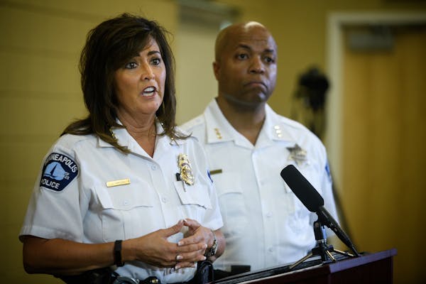 Minneapolis Police Chief Janee Harteau speaks to the media on Thursday, July 20, 2017, at the Emergency Operations Training Facility in Minneapolis. (