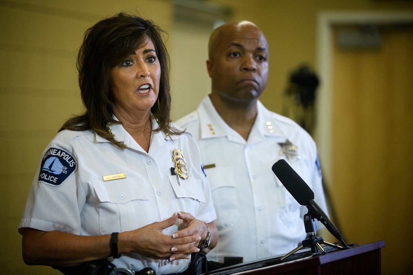 Minneapolis Police Chief Janee Harteau speaks to the media on Thursday, July 20, 2017, at the Emergency Operations Training Facility in Minneapolis. (Aaron Lavinsky/Minneapolis Star Tribune/TNS) ORG XMIT: 1206846