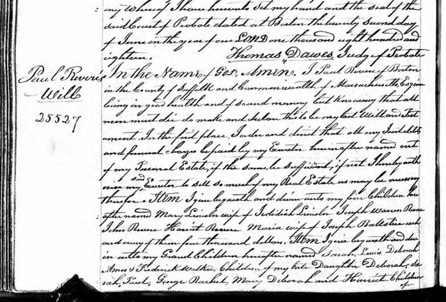 This undated public document from Massachusetts probate records provided by ancestry.com, shows a portion of Paul Revere's will. A three-year digitization project by the genealogical research firm will make available online, starting Wednesday, Sept. 2, 2015, wills and probate records of about 100 million Americans from the Colonial era to the beginning of the 21st century.