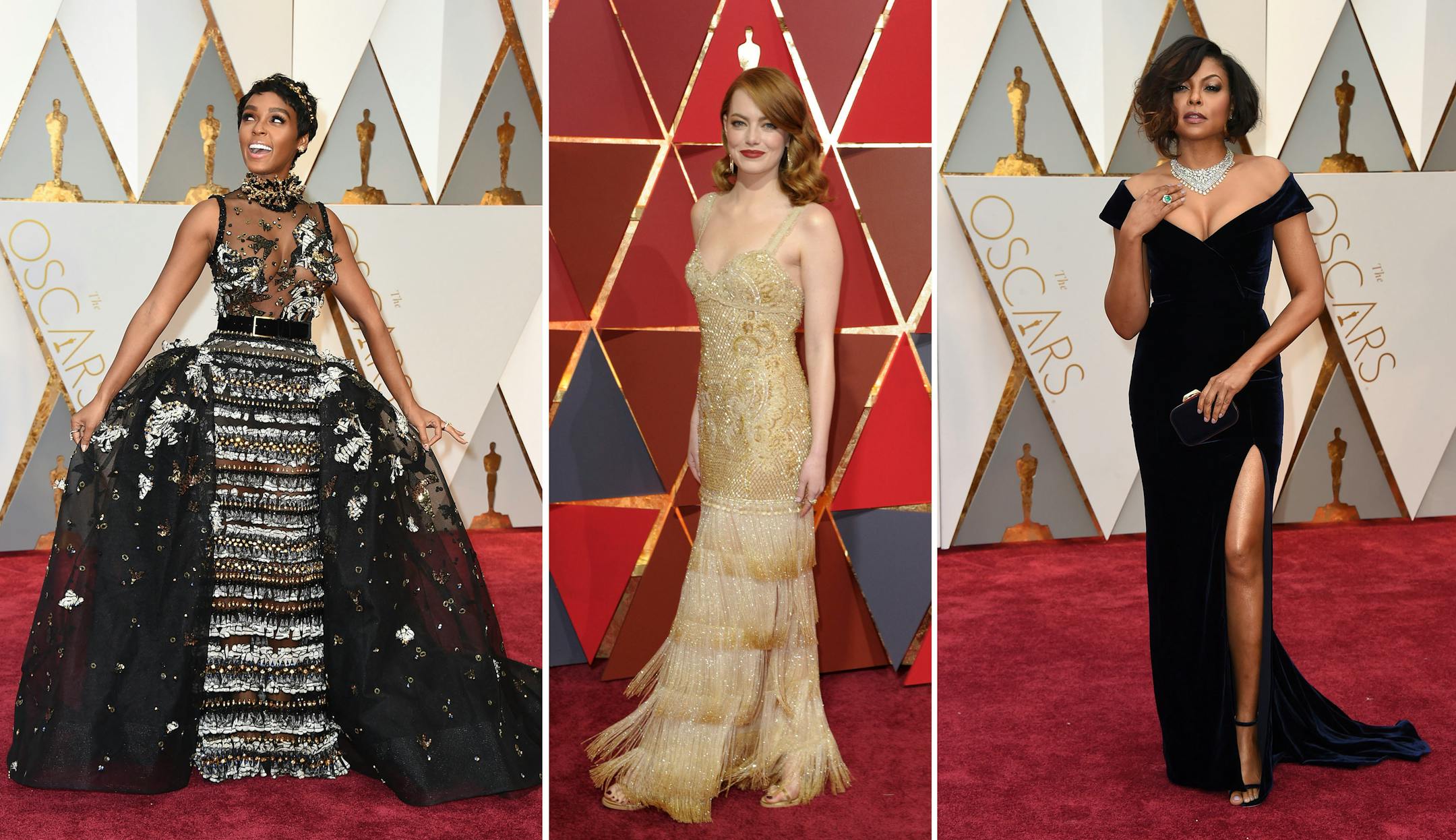 A composite of fashion from the red carpet, worn by Janelle Monae, Emma Stone and Taraji P. Henson as they arrived at the Oscars on Sunday, Feb. 26, 2017, at the Dolby Theatre in Los Angeles.
