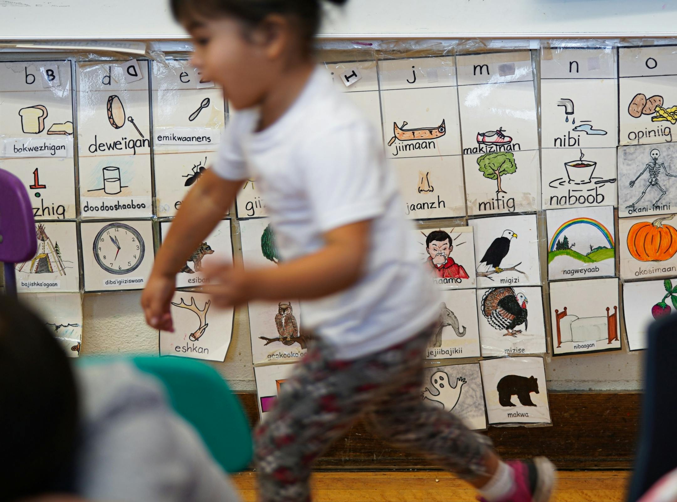 An Ojibwe immersion class for students from 18 months to 5 years old, at Four Directions school.