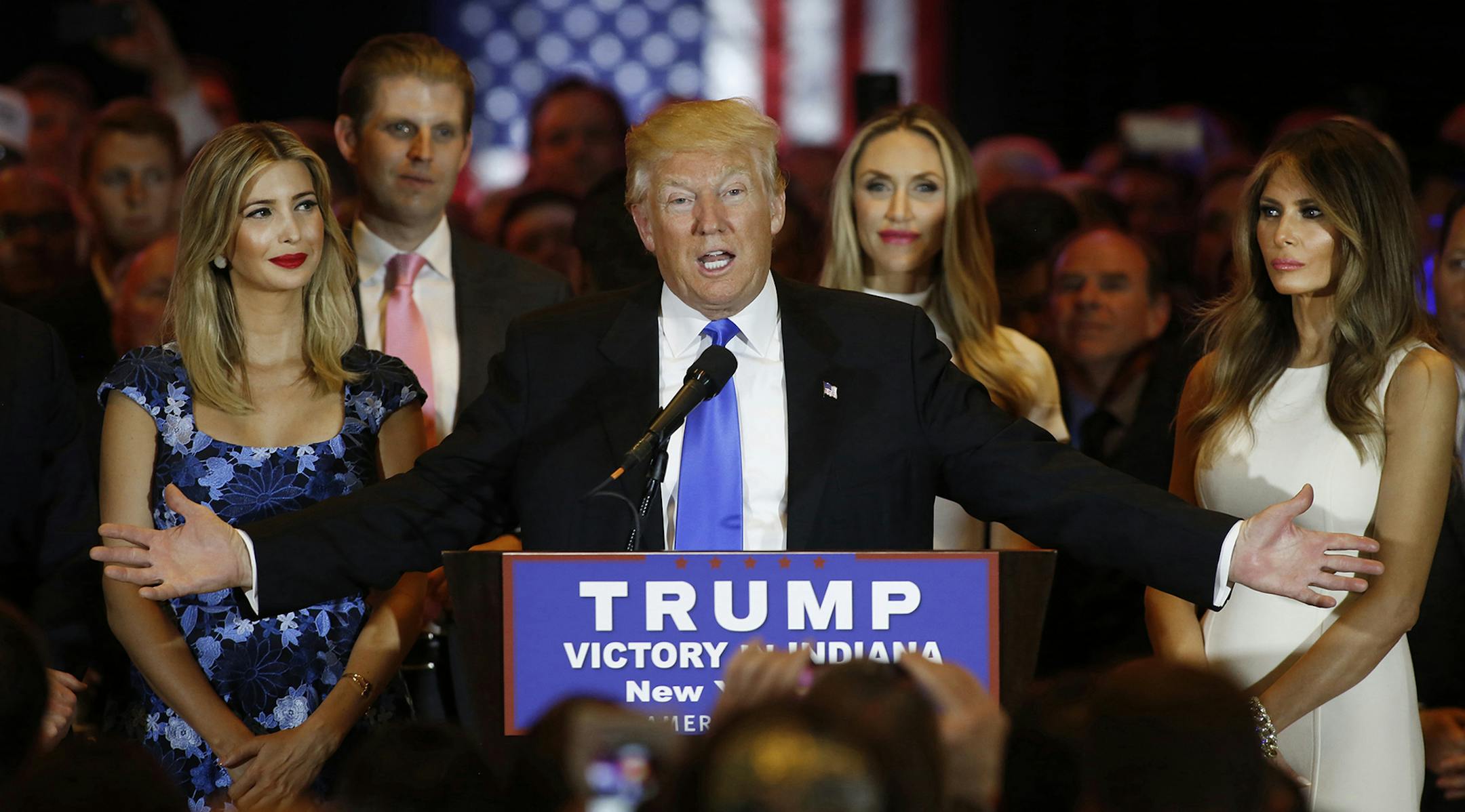 Republican presidential candidate Donald Trump addresses the media and a few supporters after winning the Indiana primary, on Tuesday, May 3, 2016, in New York. (Carolyn Cole/Los Angeles Times/TNS) ORG XMIT: 1184278 ORG XMIT: MIN1605032338220135