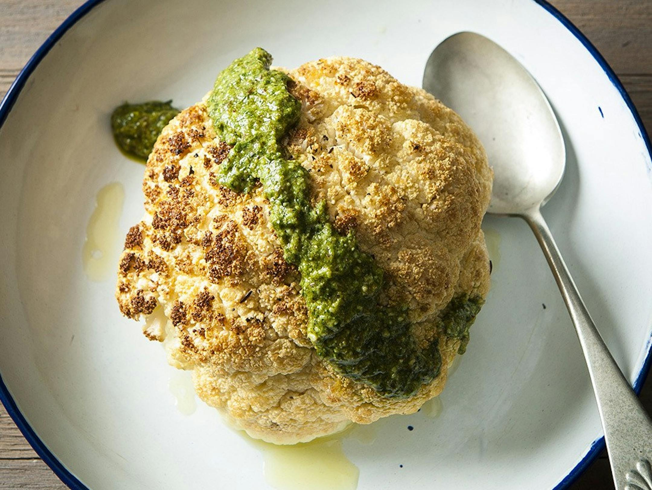 Whole Roasted Cauliflower With Parsley Pesto.