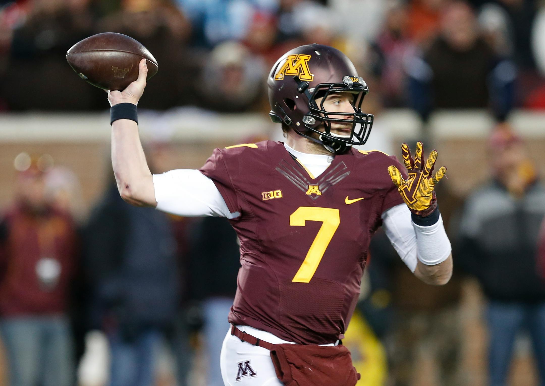 Like all Gophers athletes, Minnesota quarterback Mitch Leidner wears a Nike swoosh on his jersey. The Gophers' current contract with Nike is worth an average of $2.13 million per year through 2020.