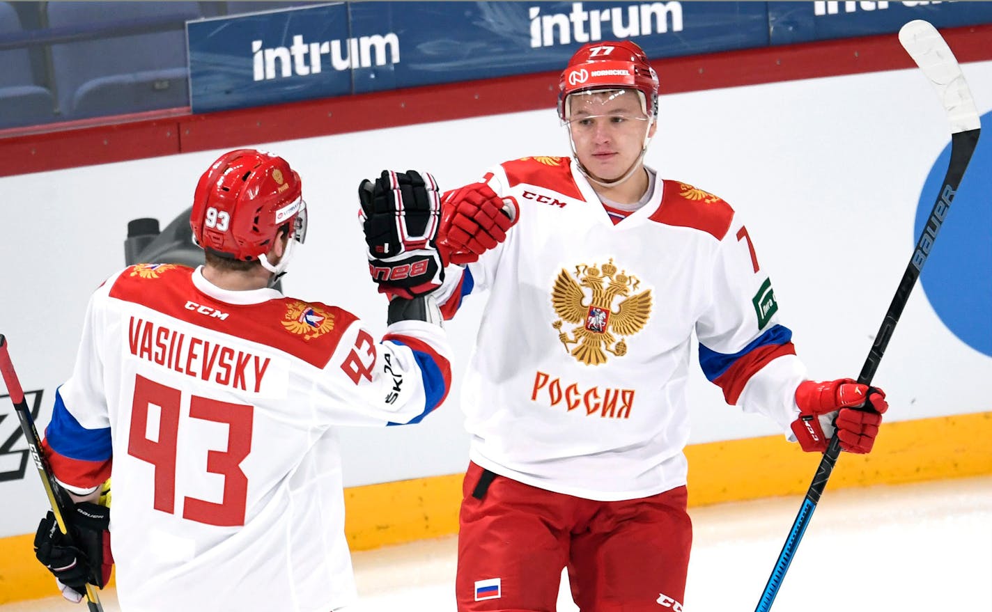 Russia's Alexei Vasilevsky, left and Kirill Kaprizov celebrate Kaprizov's opening goal during the Hockey Euro Hockey Tour Karjala Cup match between Czech Republic and Russia in 2018.