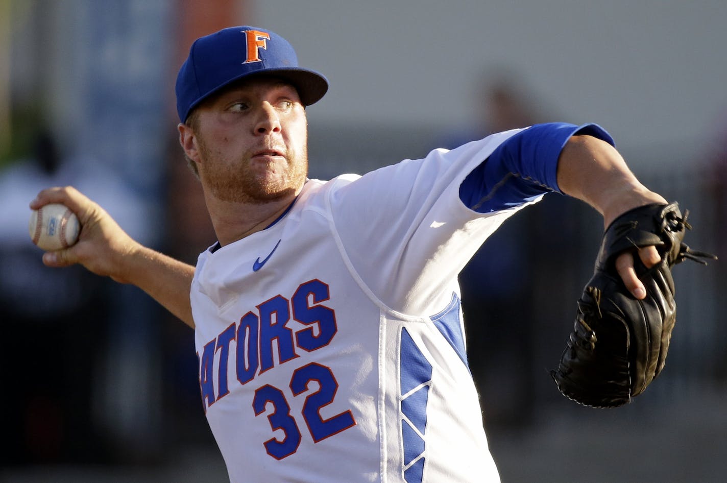 Florida pitcher Logan Shore throws against Florida A&M during the first inning of an NCAA college baseball tournament regional game Friday, May 29, 2015, in Gainesville, Fla. (AP Photo/John Raoux) ORG XMIT: GVP113