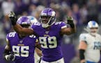 Minnesota Vikings defensive end Danielle Hunter (99) celebrated after he sacked Detroit Lions quarterback David Blough (10) for the second time in the