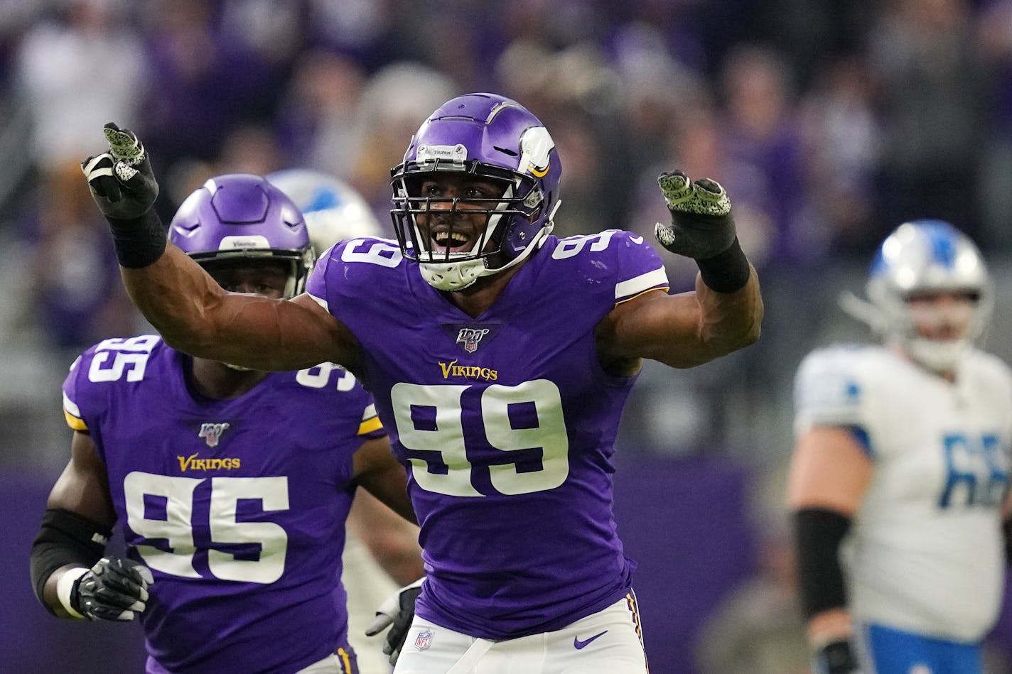 Minnesota Vikings defensive end Danielle Hunter (99) celebrated after he sacked Detroit Lions quarterback David Blough (10) for the second time in the first quarter. ] ANTHONY SOUFFLE • anthony.souffle@startribune.com