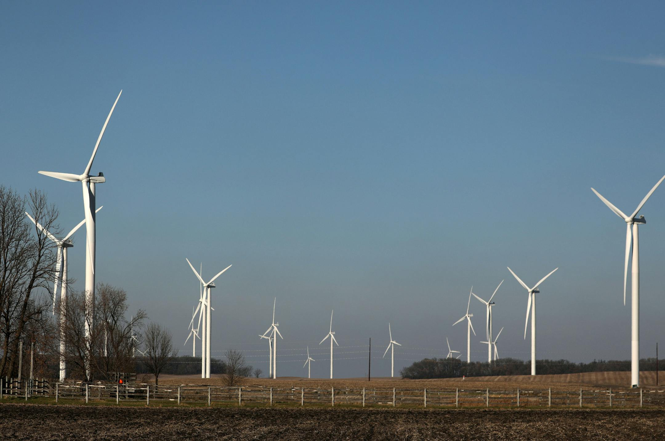 Windmills fill the landscape near Alden, Minn. Scenes like this have caused residents south of the area such as Dorenne Hansen to become more vocal in their opposition to the proposed project. ] ANTHONY SOUFFLE • anthony.souffle@startribune.com Dorenne Hansen, the head of a property owners association fighting a proposed wind farm, spoke during an interview and gave a tour of her property Wednesday, Nov. 8, 2017 in Glenville, Minn. Hansen is concerned for the noise, shadows, and the obstr