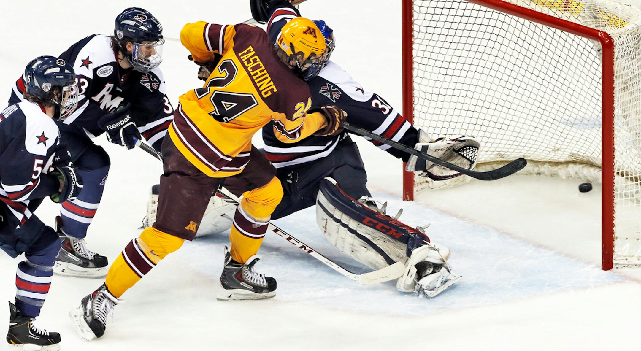 Gophers Hudson Fasching scored a goal in third period action. ] Minnesota Gophers vs. Robert Morris Colonials West Regional Hockey Tournament. (MARLIN LEVISON/STARTRIBUNE(mlevison@startribune.com)