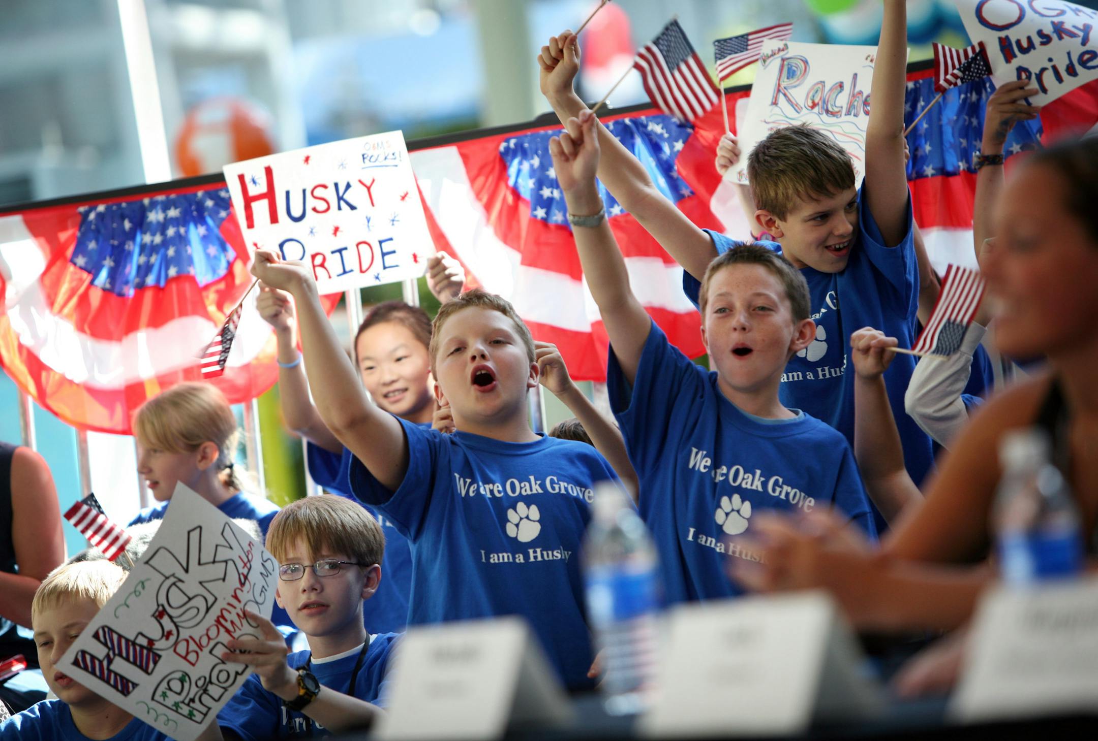 Children from Oak Grove Middle School cheered on their classmates with patriotism and school pride during "Kids Stump the Delegates" at the Mall of America Wednesday morning where RNC delegates tested their U.S. history knowledge against sixth-graders.
