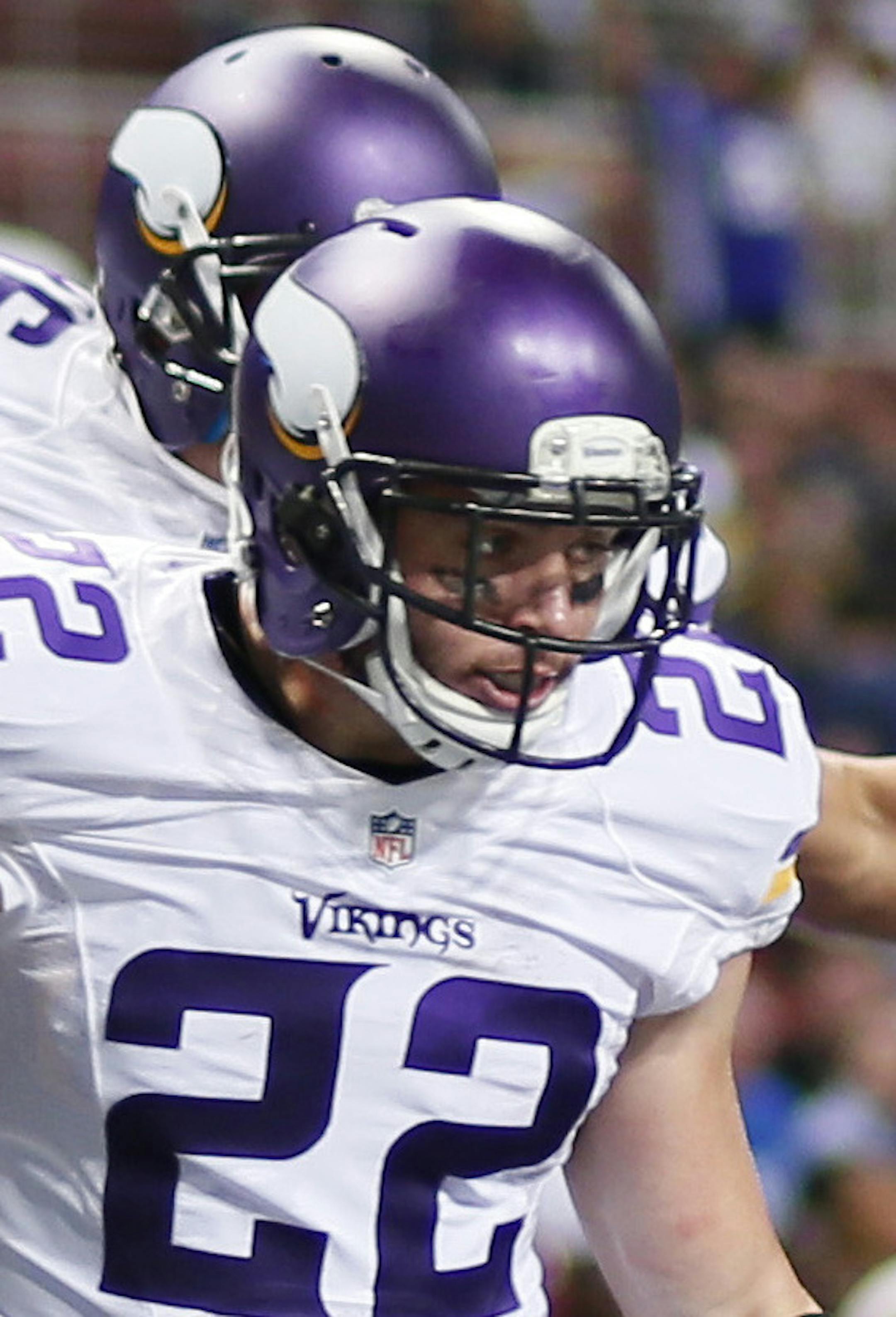 Vikings Harrison Smith celebrates with Robert Blanton in the endzone after Smith's 81 yard interception return for a TD in the 4th quarter.] Minnesota Vikings -vs- St.Louis Rams, Edward Jones Dome. BRIAN PETERSON ‚Ä¢ brian.peterson@startribune.com St. Louis, MN 09/07/14