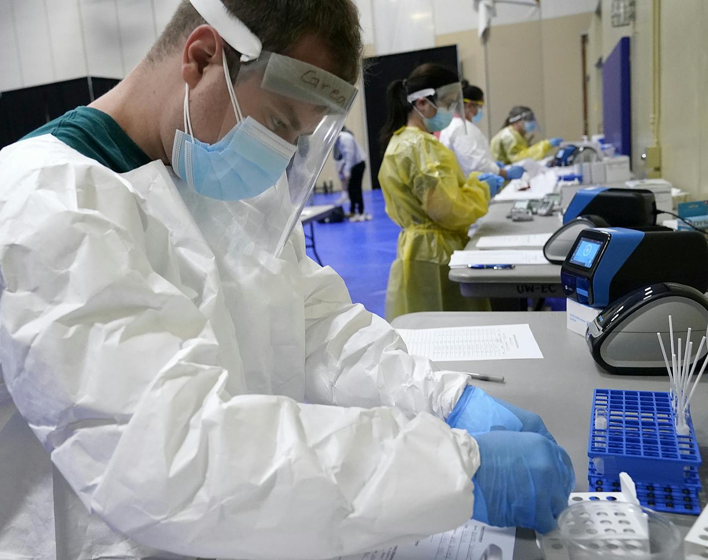 Greg Pehl, a UW-Eau Claire senior from New Brighton, joined other antigen testers on campus Monday, Nov. 2, in Eau Claire. The test is for those who are asymptomatic and takes about 20 minutes from the time the swab is taken until the results come back.