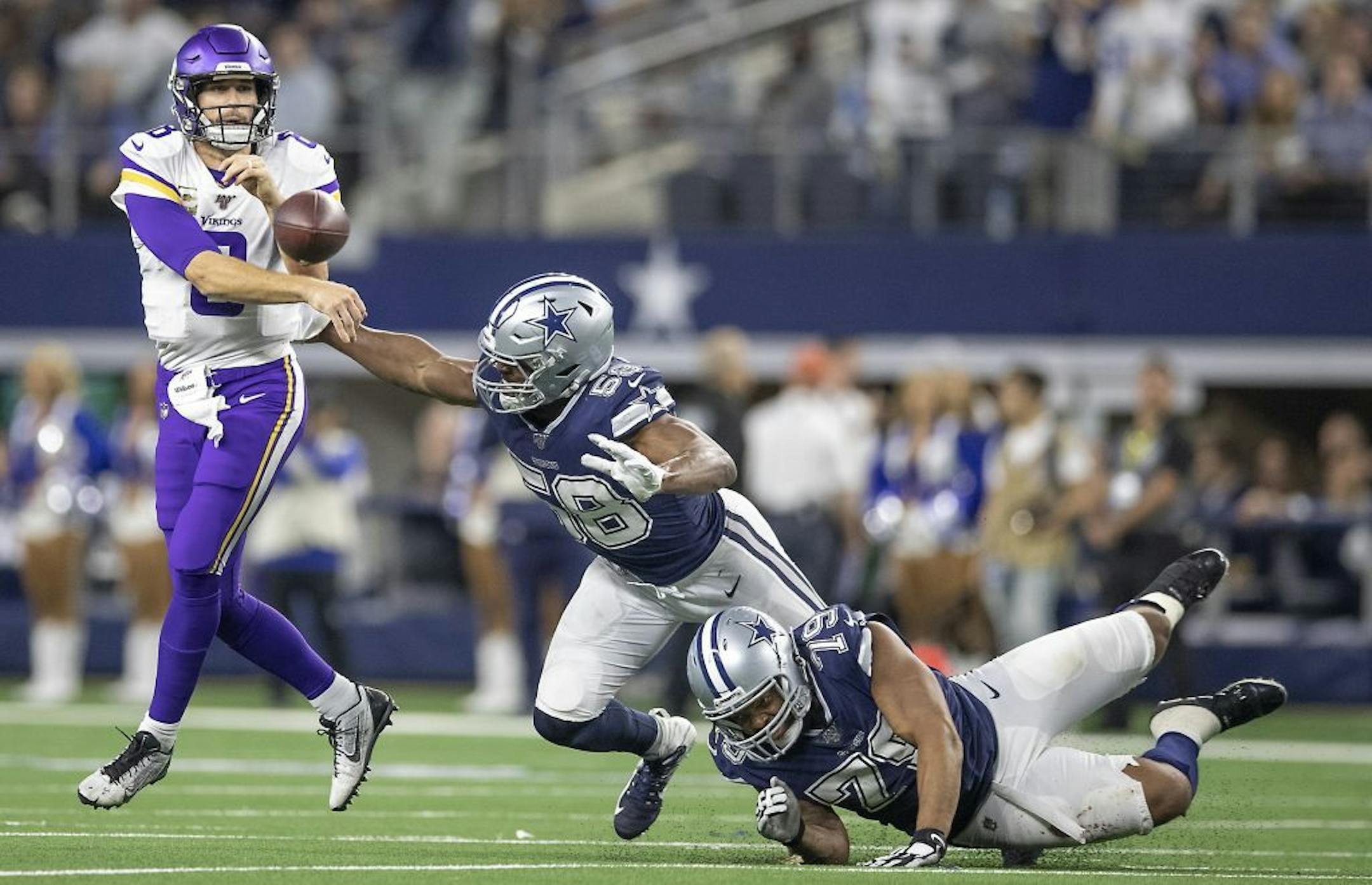 A holding call was called on the defense on Minnesota Vikings' quarterback Kirk Cousins, setting up the Cook touchdown in the third quarter.