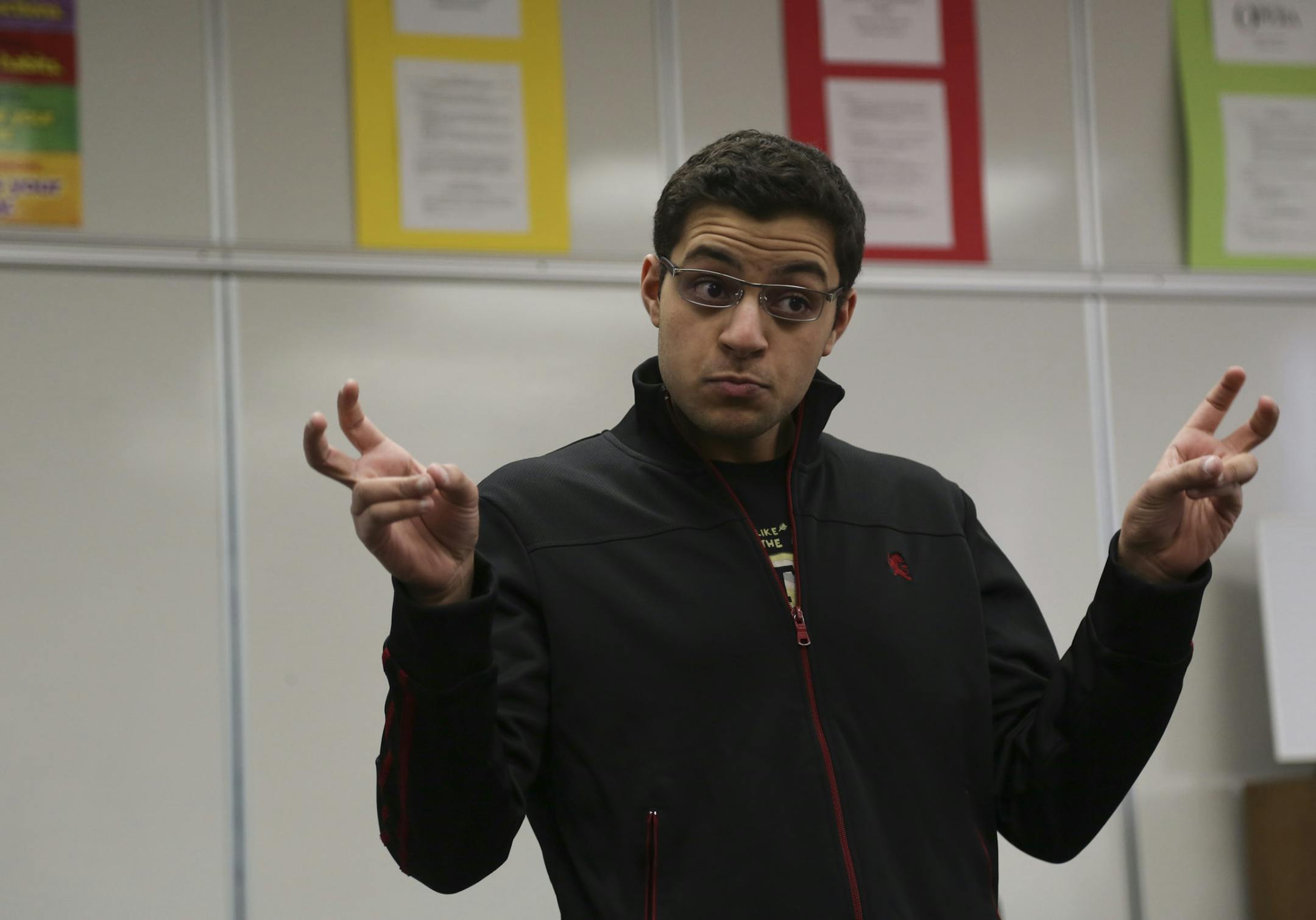 Senior Nader Helmy delivered the introduction to his speech during practice for the state tournament in the speech and debate are of the Apple Valley High School inApple Valley, Min., Tuesday, April 16, 2013. ] (KYNDELL HARKNESS/STAR TRIBUNE) kyndell.harkness@startribune.com