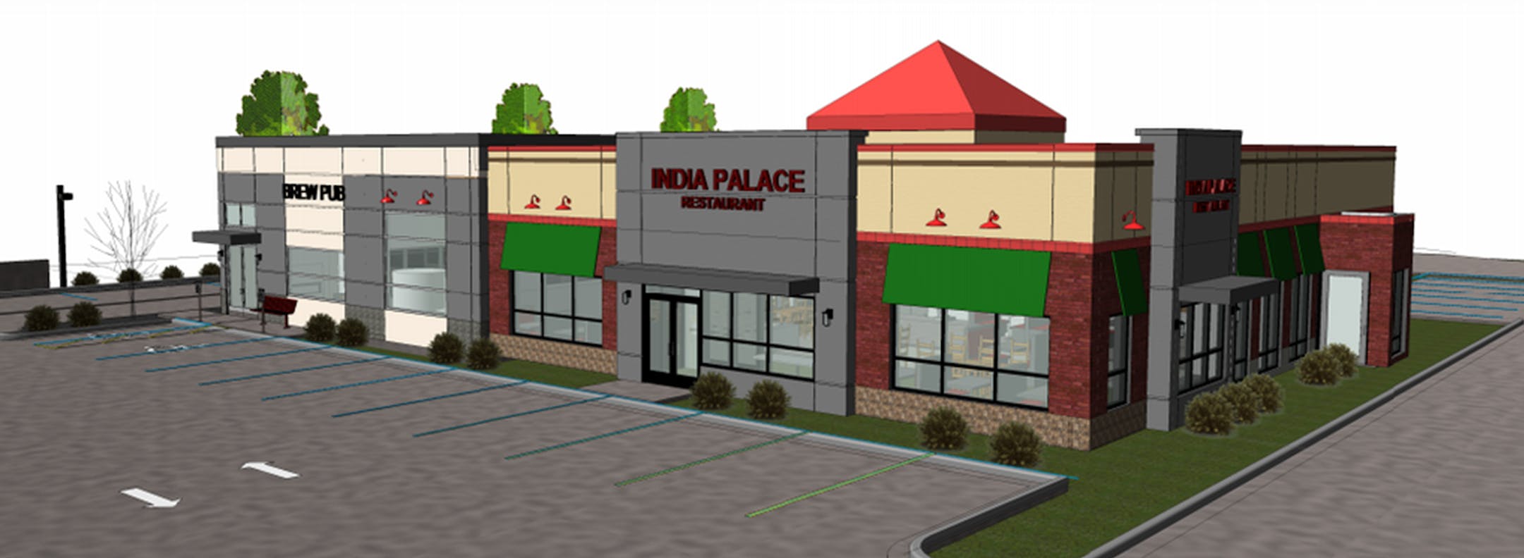 Rendering from City of Burnsville Rendering of India Palace and the brew pub, Nutmeg. M.P. Singh is the owner-operator of the two Burnsville businesses.Nutmeg and India Palace will have separate menus but will be connected by an interior passageway.