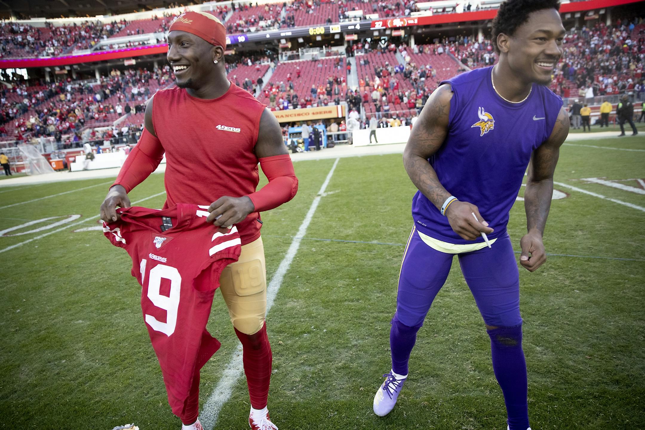 San Francisco 49ers wide receiver Deebo Samuel, left, and Minnesota Vikings wide receiver Stefon Diggs were all smiles as they exchanged jerseys after San Francisco defeated the Minnesota Vikings 27-10.