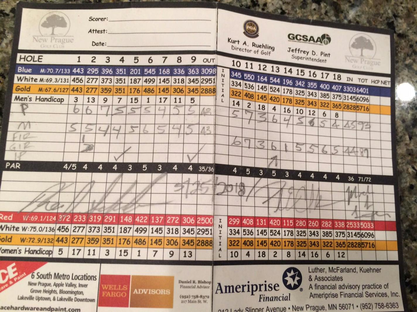 Michael Lutgen hit a hole in one golf shot. This iso a picture of his scorecard.